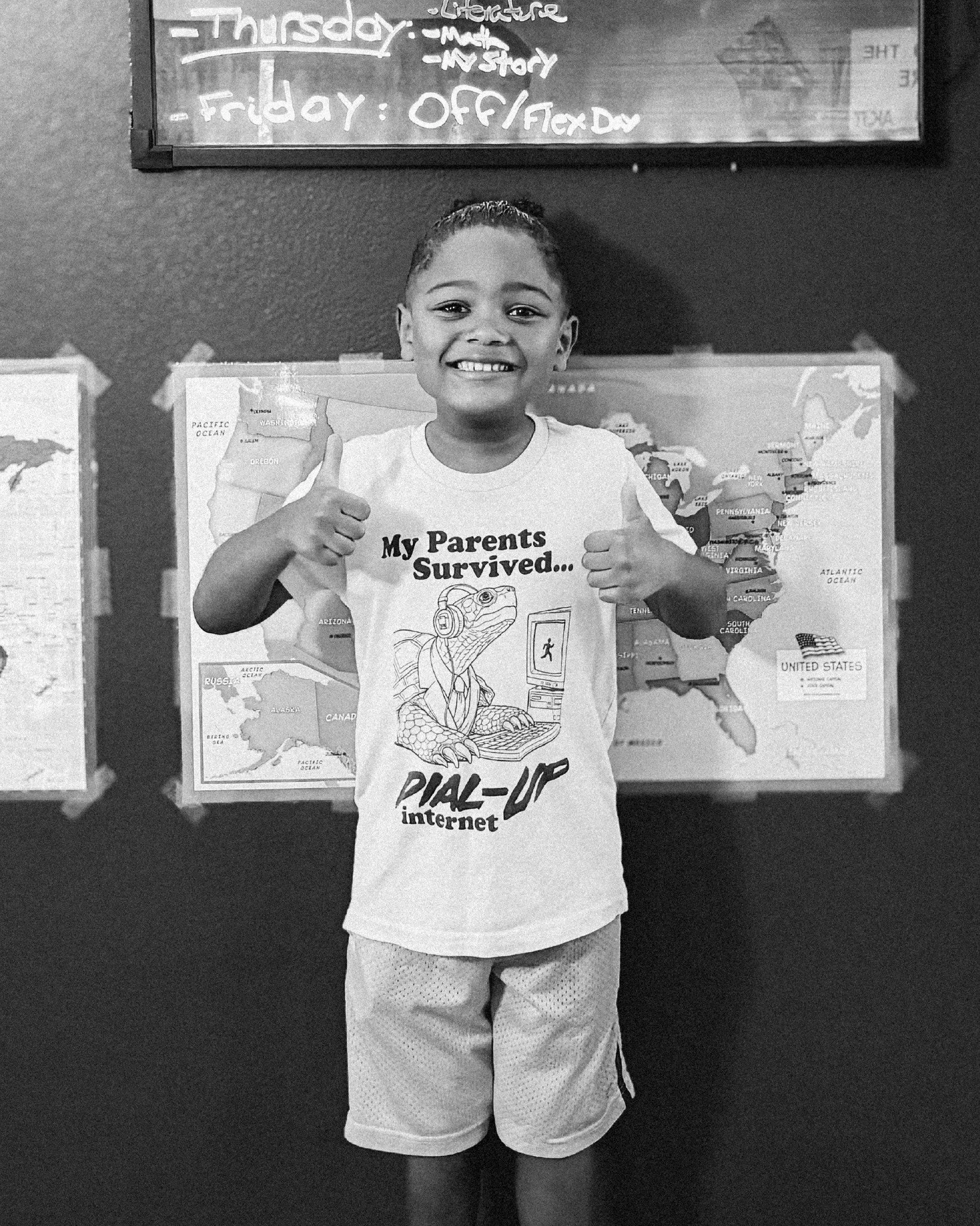 Back-to-school week continues at Hello Baby!

August survived his first day of kindergarten homeschool, and those two thumbs up say it all.

And can we appreciate the &ldquo;My Parents Survived Dial-Up Internet&rdquo; shirt? 😂 Well done, Ben and Mar