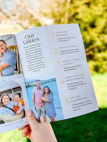 Printed adoption profile booklet showcasing custom adoption profile design services from Hello Baby