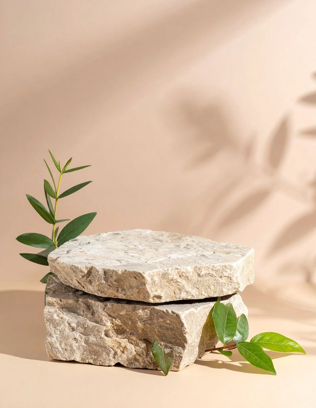 A composition of textured stone and green leaves on a soft beige background, symbolizing balance, stability, and growth. Ideal for brands focused on clarity, grounded strategy, and sustainable business foundations.