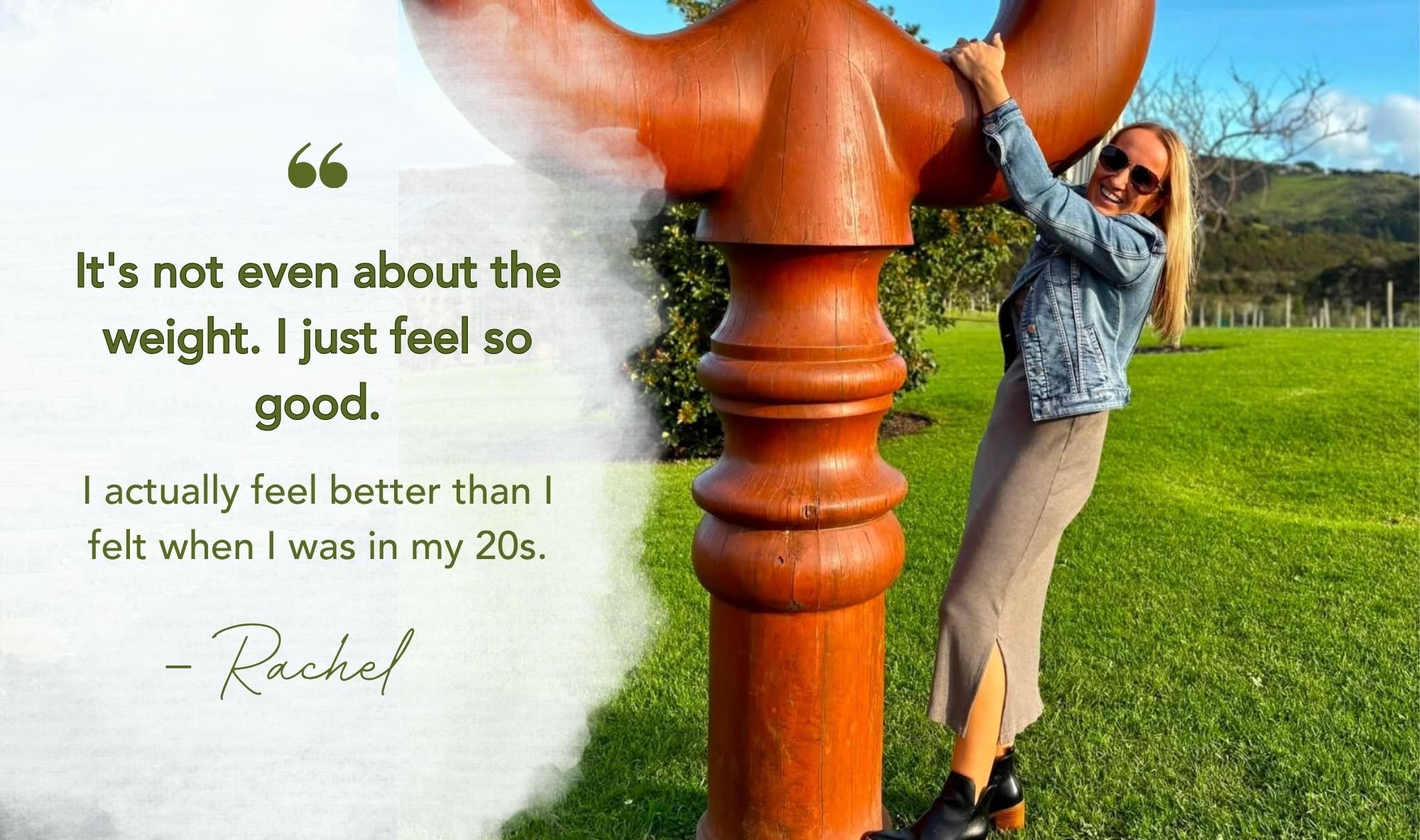 Rachel smiling outdoors with quote about feeling better in her 50s than her 20s