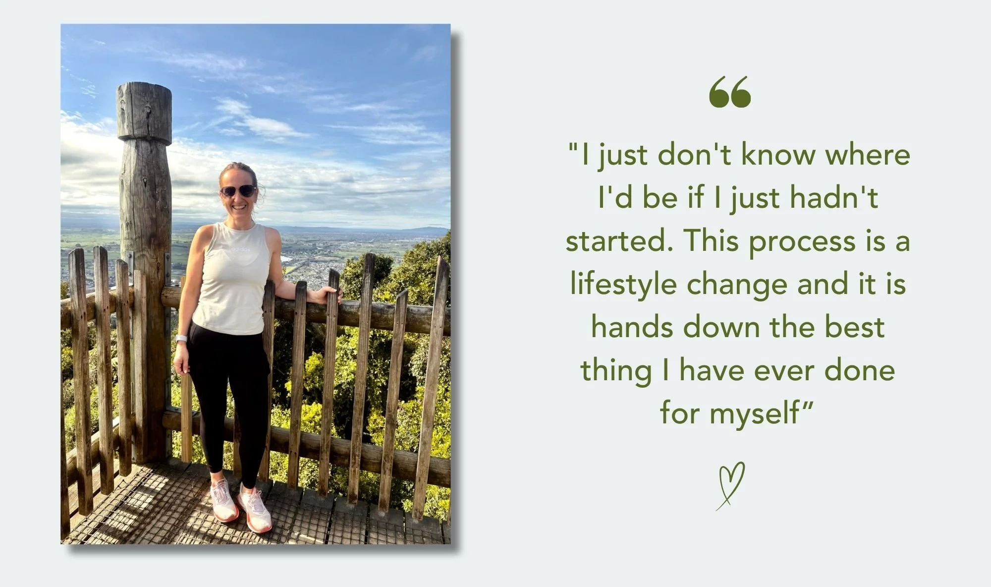 Rachel smiling at a lookout point with quote calling her lifestyle change the best thing she's done for herself