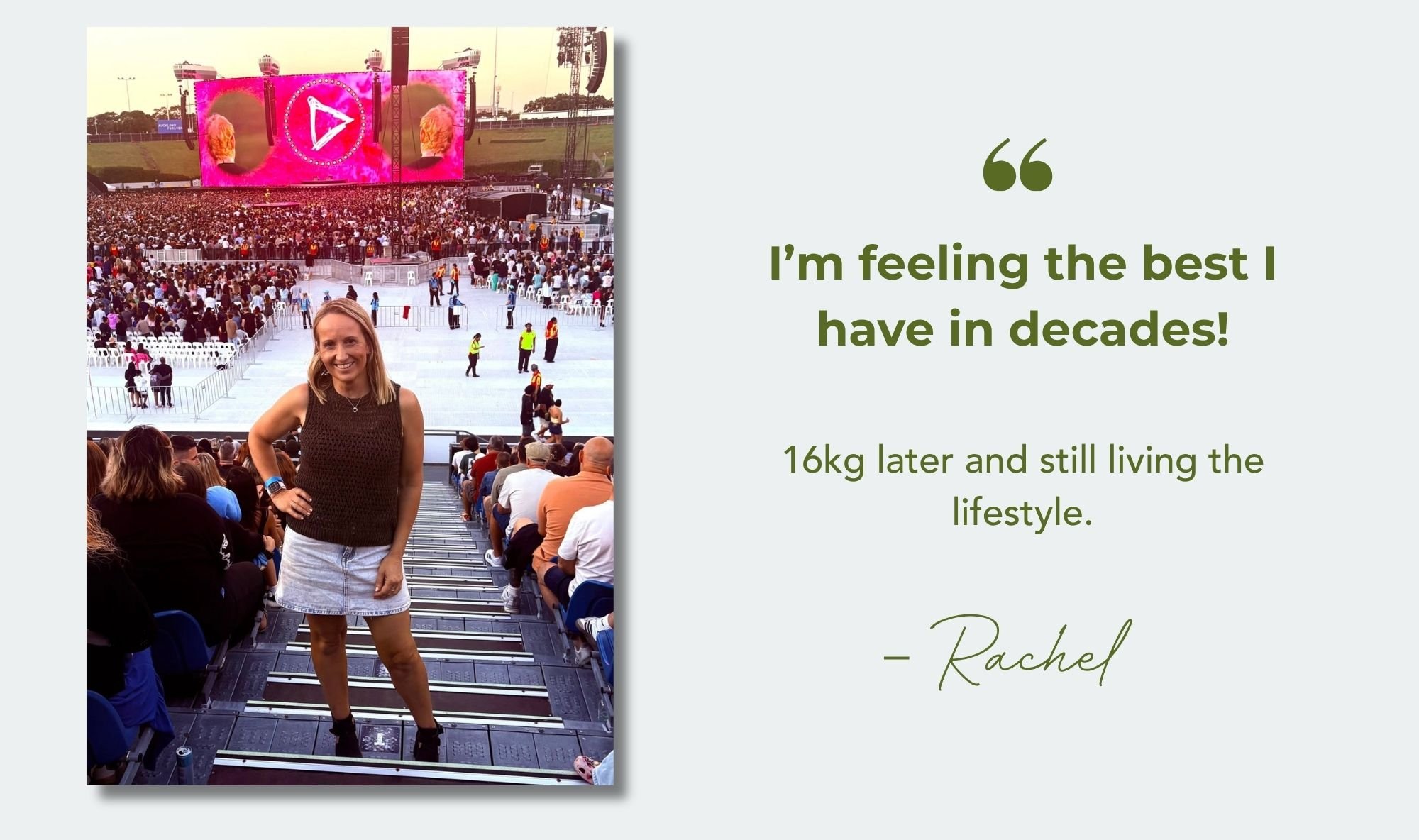 Rachel smiling at outdoor concert with quote about feeling the best in decades after losing 16kg