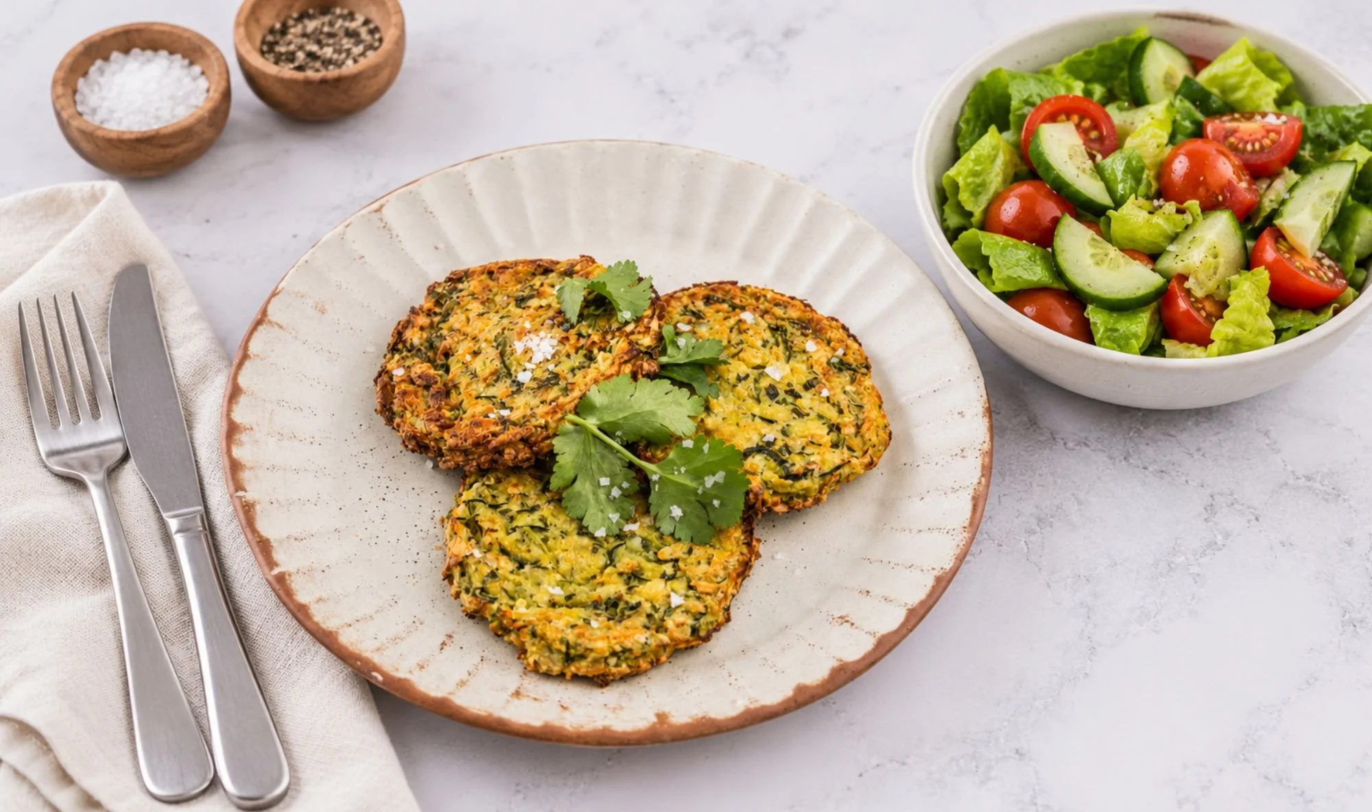 Three baked halloumi and zucchini fritters topped with fresh coriander on a ceramic plate, served with a fresh cucumber and tomato salad