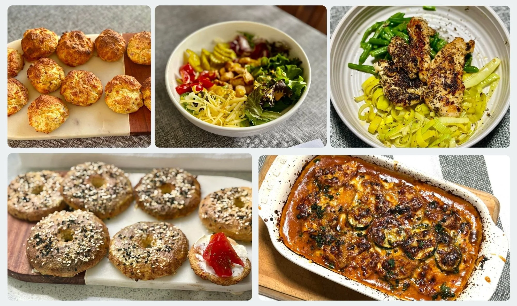 Rachel whole food meals including fritters, chicken salad, chicken with leek noodles, seeded bagels, and baked zucchini slice