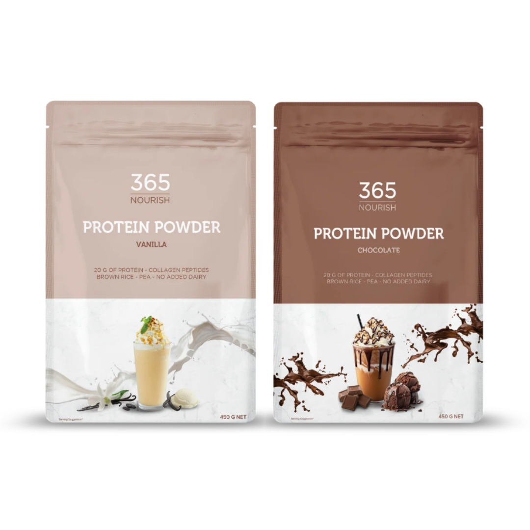 Two flavored protein powder packages, vanilla and chocolate, with images of milkshakes and ingredients, on a white background.