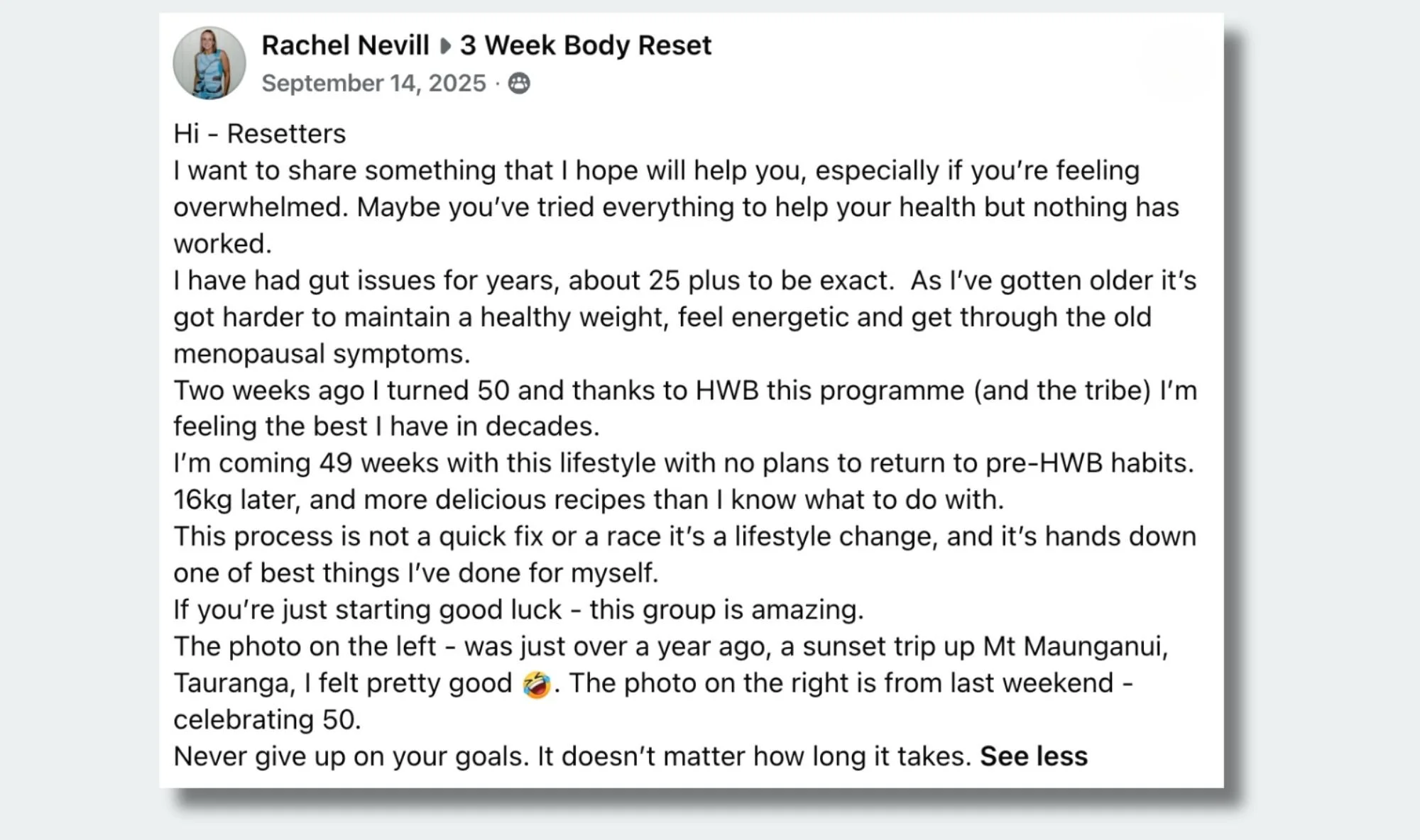 Screenshot of Rachel's Facebook post in the 3 Week Body Reset group celebrating 49 weeks, 16kg lost and turning 50