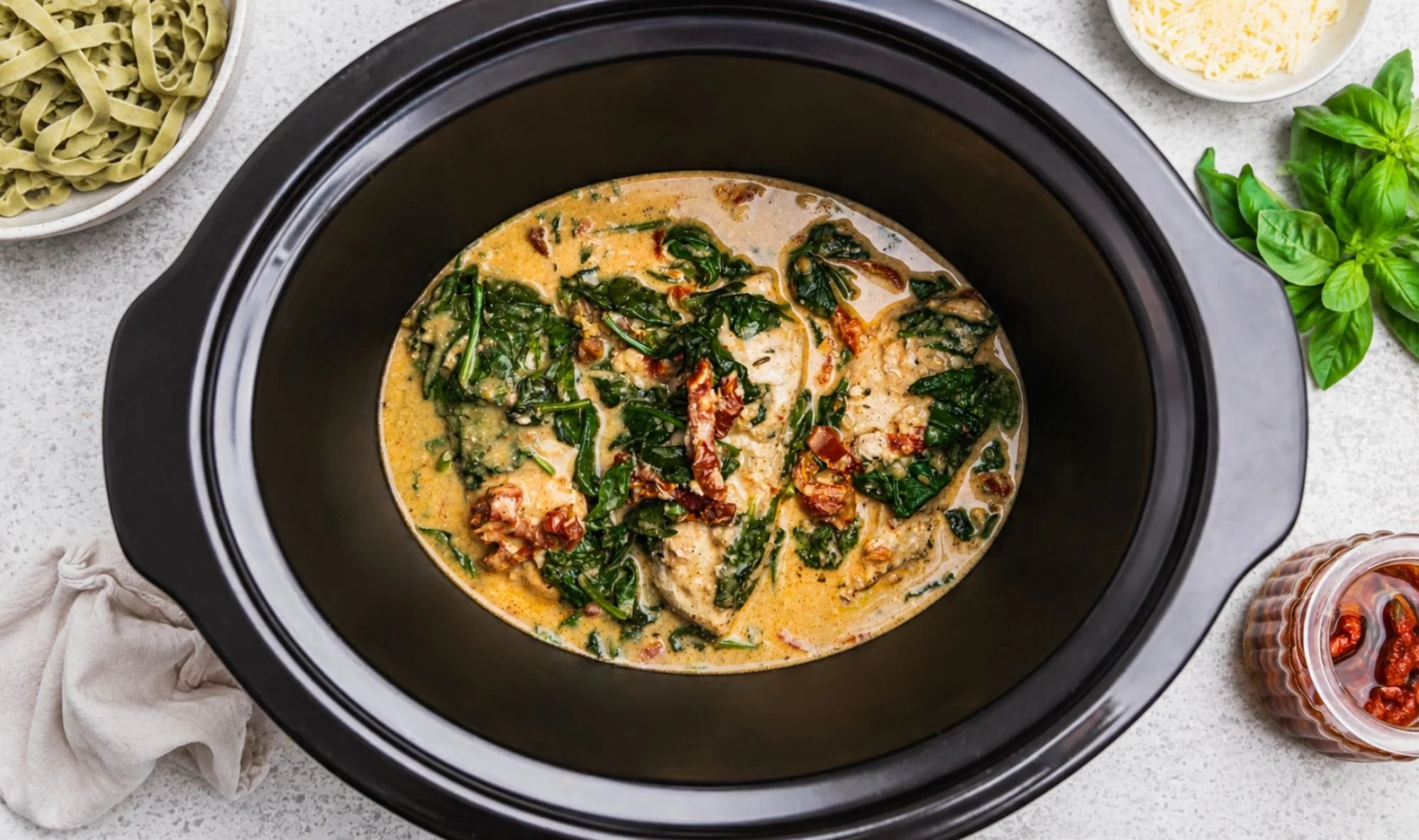 Slow cooker filled with chicken breasts, sun-dried tomatoes, and wilted spinach in a creamy sauce, surrounded by bowls of pasta, shredded cheese, fresh basil, and a jar of sun-dried tomatoes