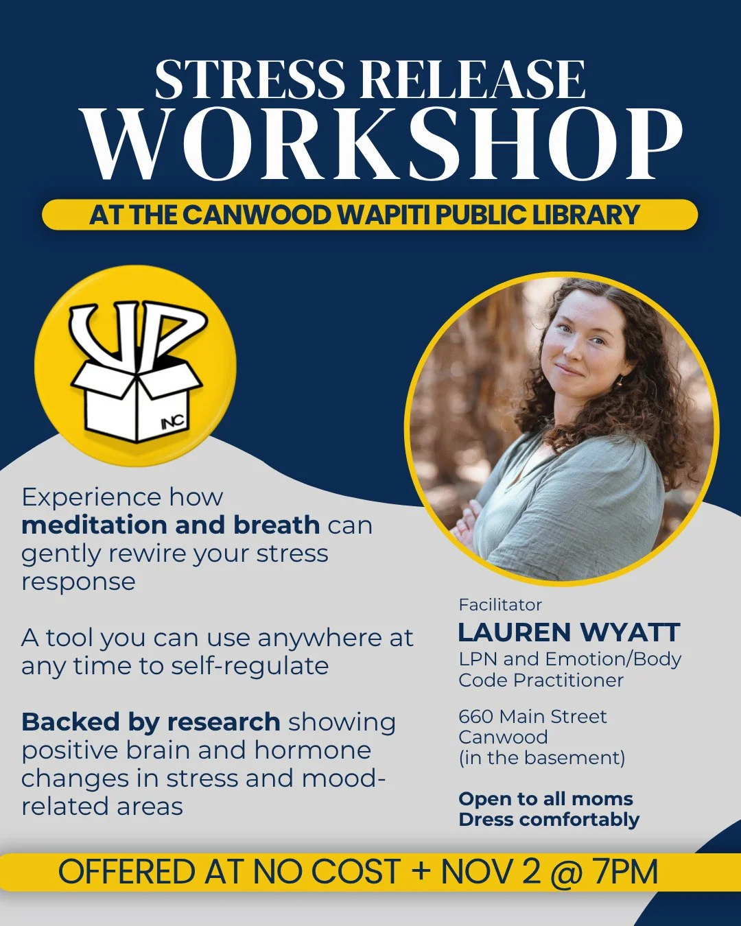 Reminder ❤️ Next Sunday (November 2nd) - come relax and let some stress go. 

Free event with Lauren Wyatt at the Canwood Library - please RSVP by messaging us so we can plan supplies :)

Open to all moms and grandmas, wear comfy clothes.