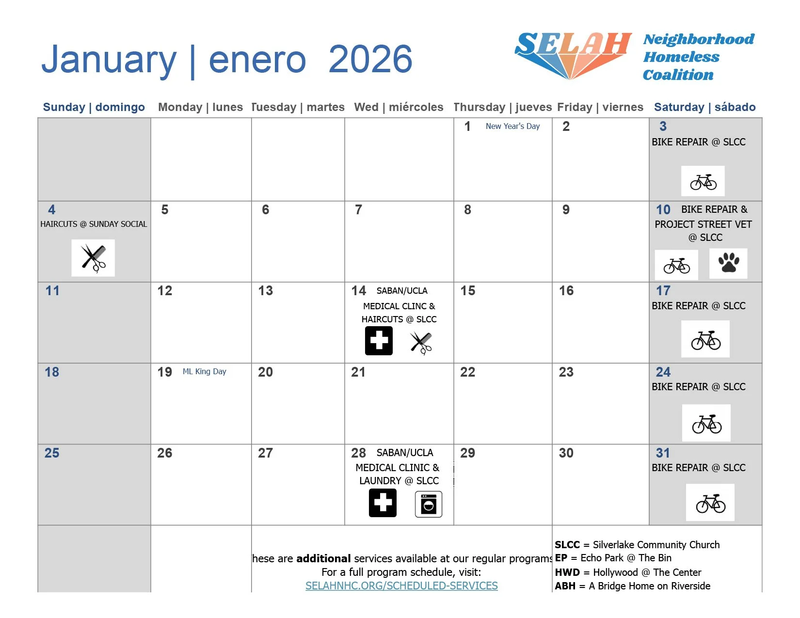 January 2026 SELAH Program Calendar