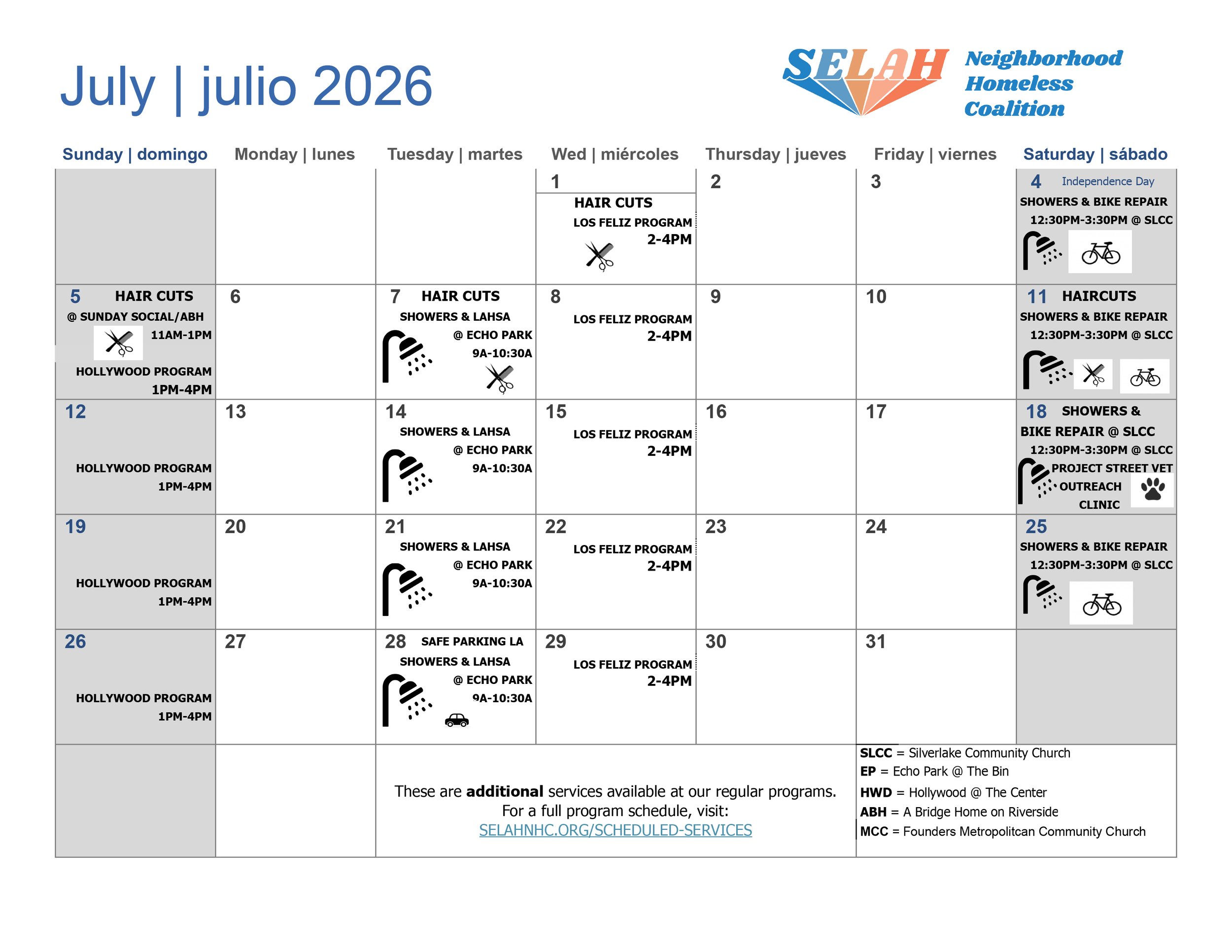 2026 SELAH Special Programs Calendar - July
