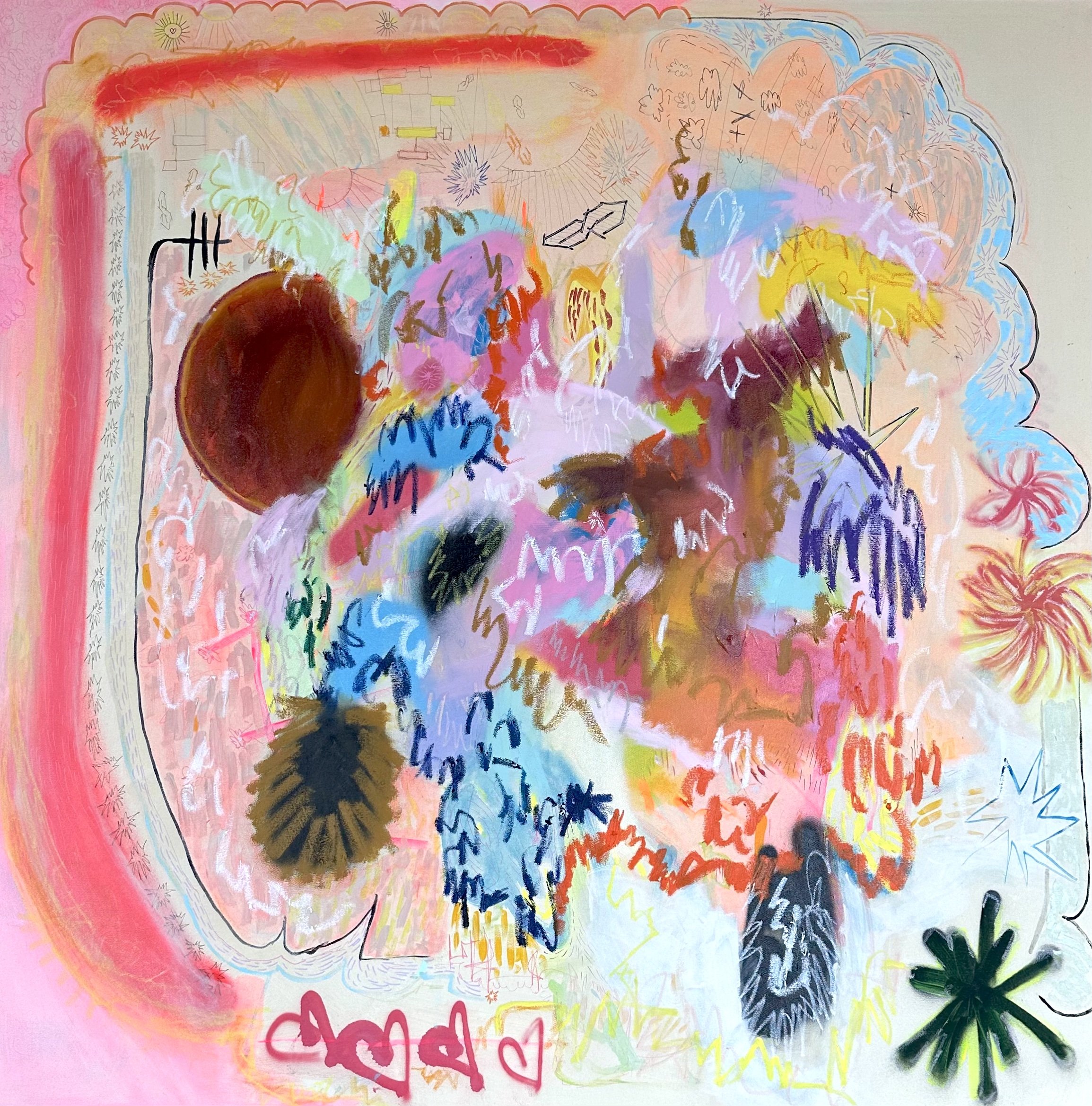 "Anatomy of a Lover" Acrylic, Spray Paint, Oil Stick, Oil Pastel, Ink, Graphite on Canvas, 48" x 48"
