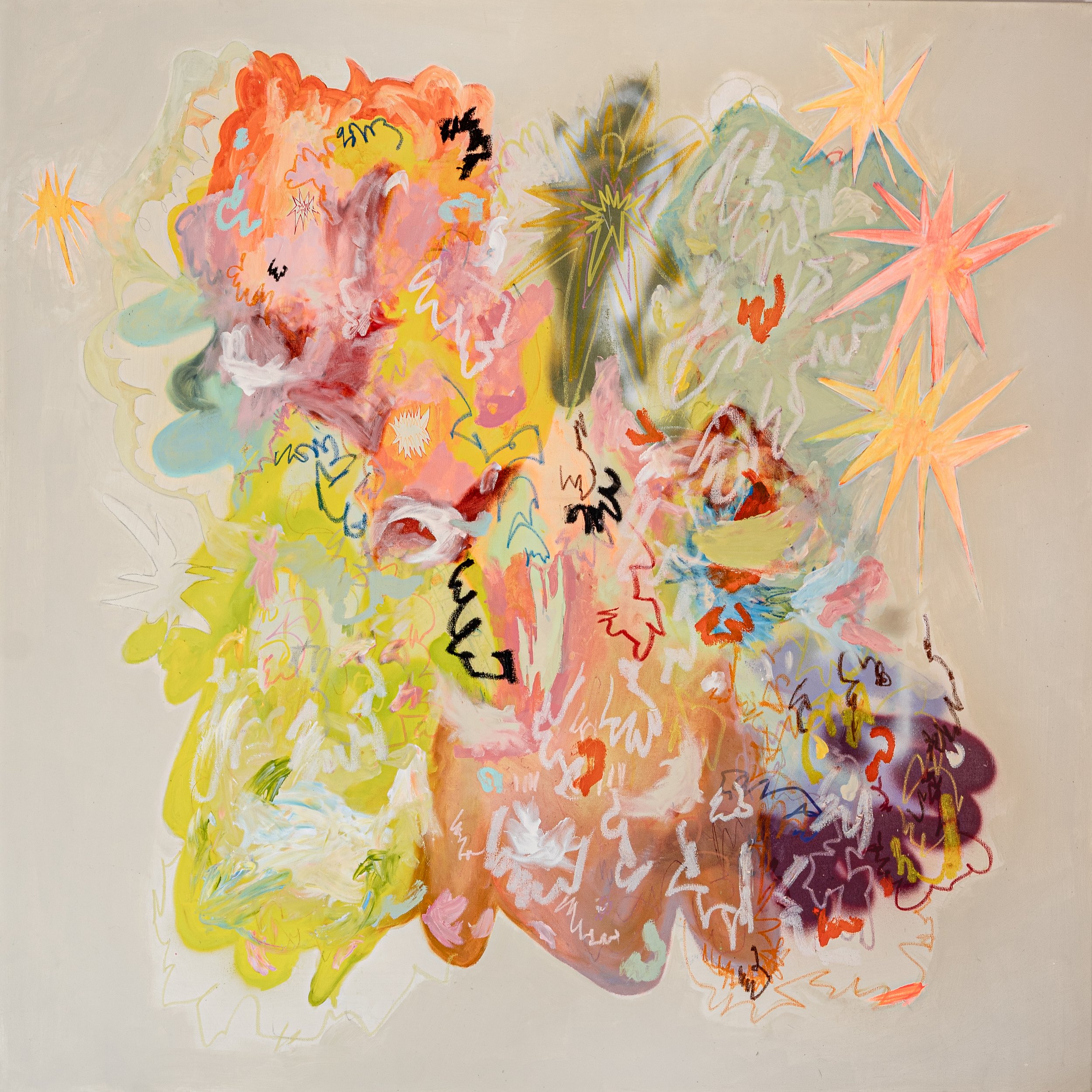 /sold/ "When Stars Make Sweet Love", Acrylic, Oil, Spray Paint, Ink, Graphite, Oil Paste on Canvas, 48" x 48"