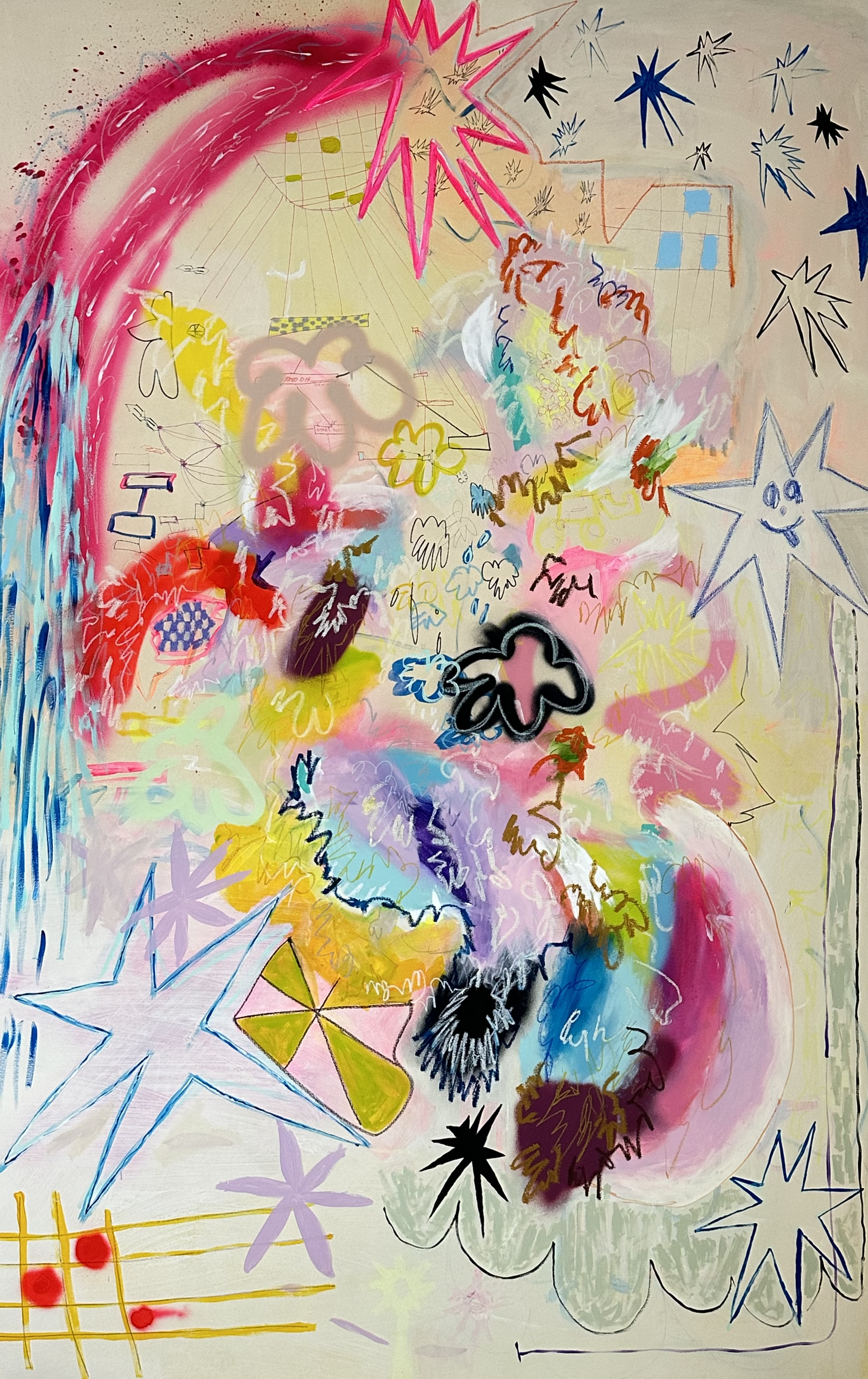 "When Captain Crunch Ruled My World" Oil, Acrylic, Spray Paint, Oil Stick, Graphite on Canvas 54" x 81"