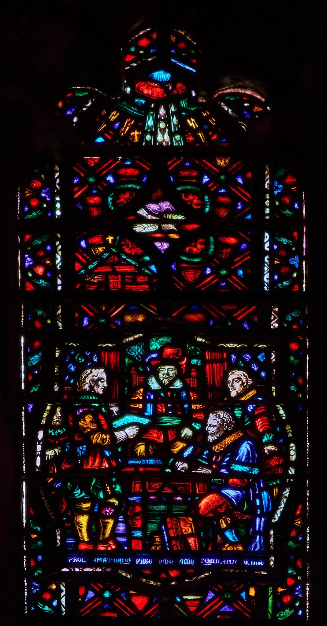 Stained glass window of The First Deliberative Assembly in America