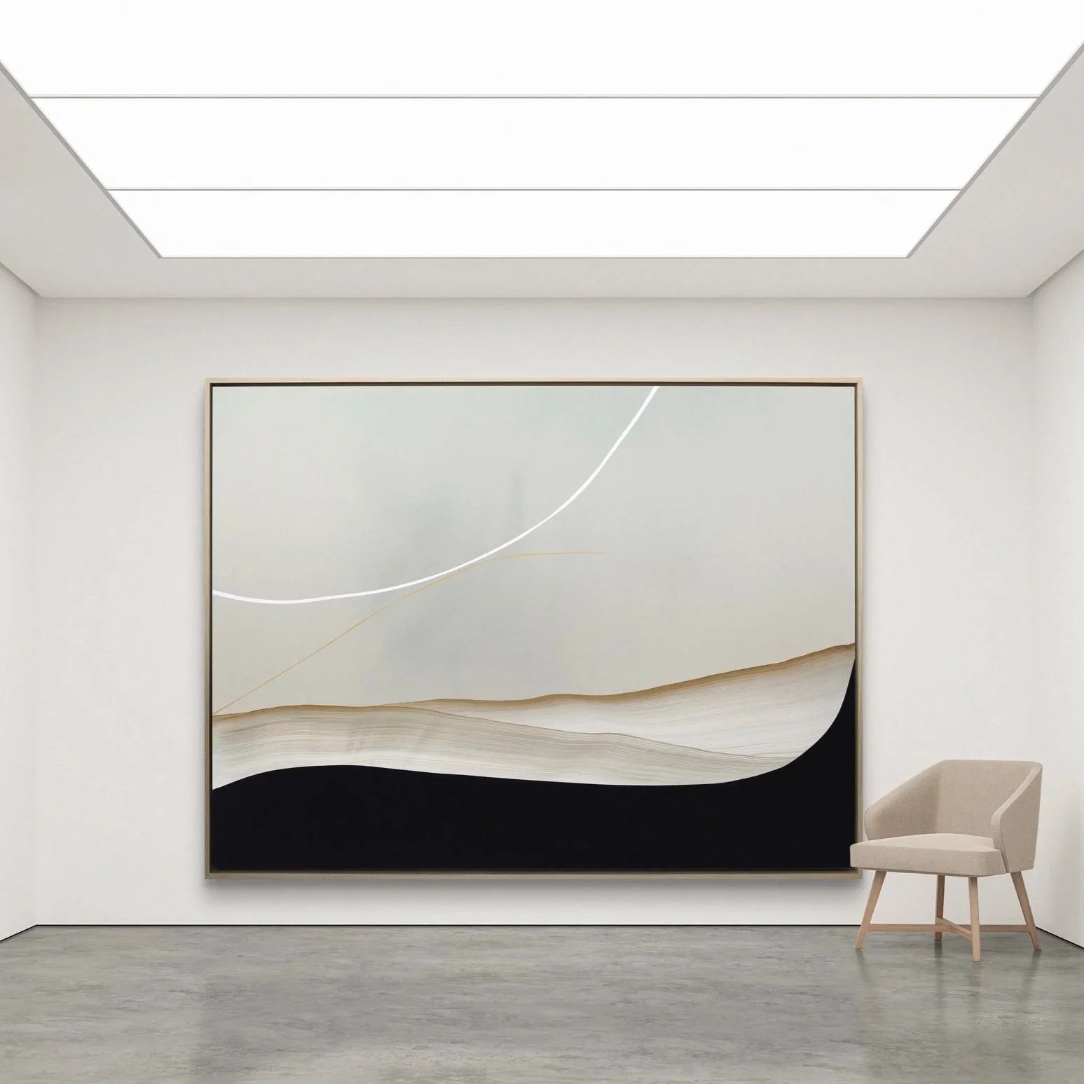 Amy Stewart abstract prints,  Minimalist art gallery with a large abstract painting reproduction on canvas featuring neutral tones and curved lines, with a beige armchair on the right side.
