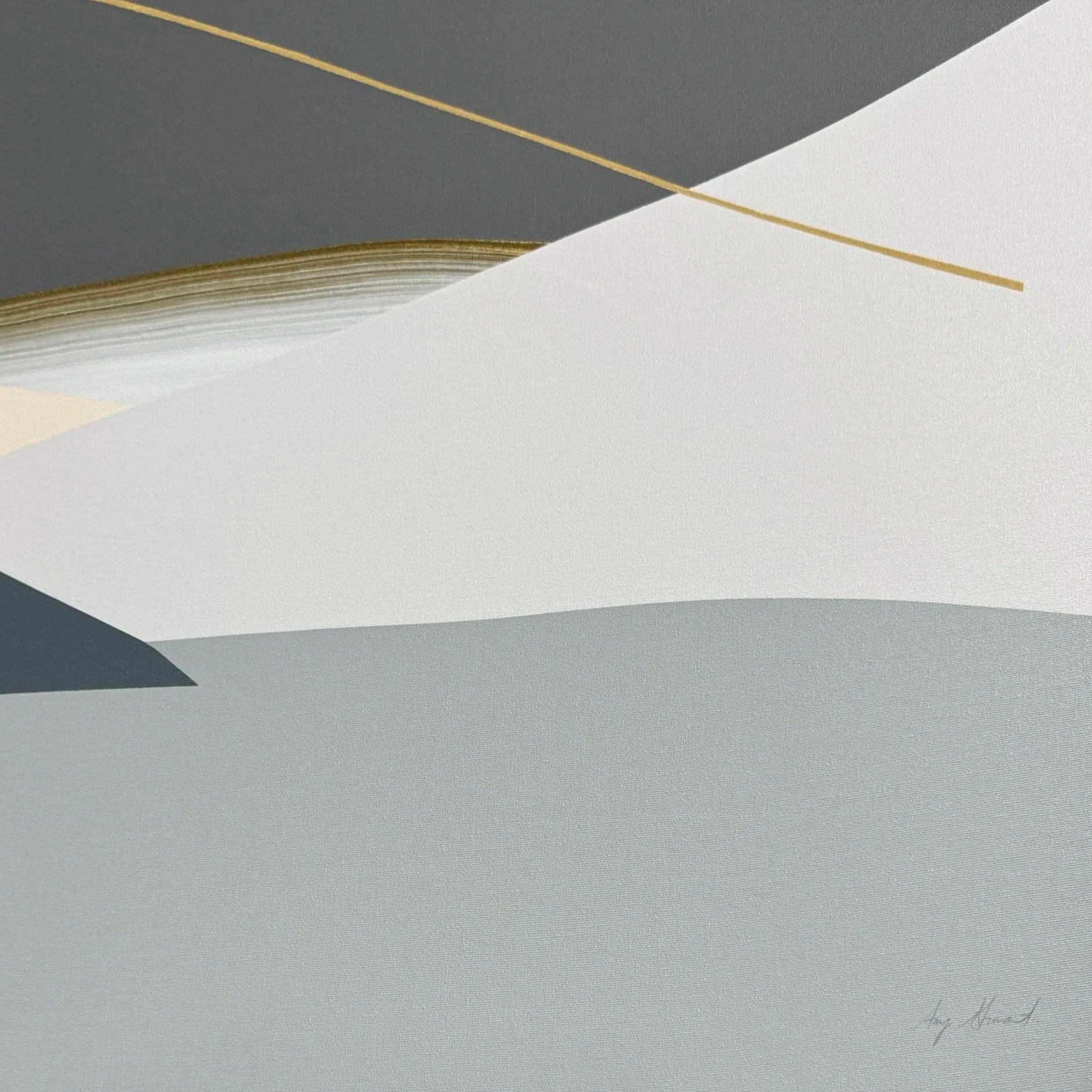 Amy Stewart abstract prints,  Abstract artwork with layered shapes in neutral tones of gray, white, beige, and black, accented by fine gold lines.