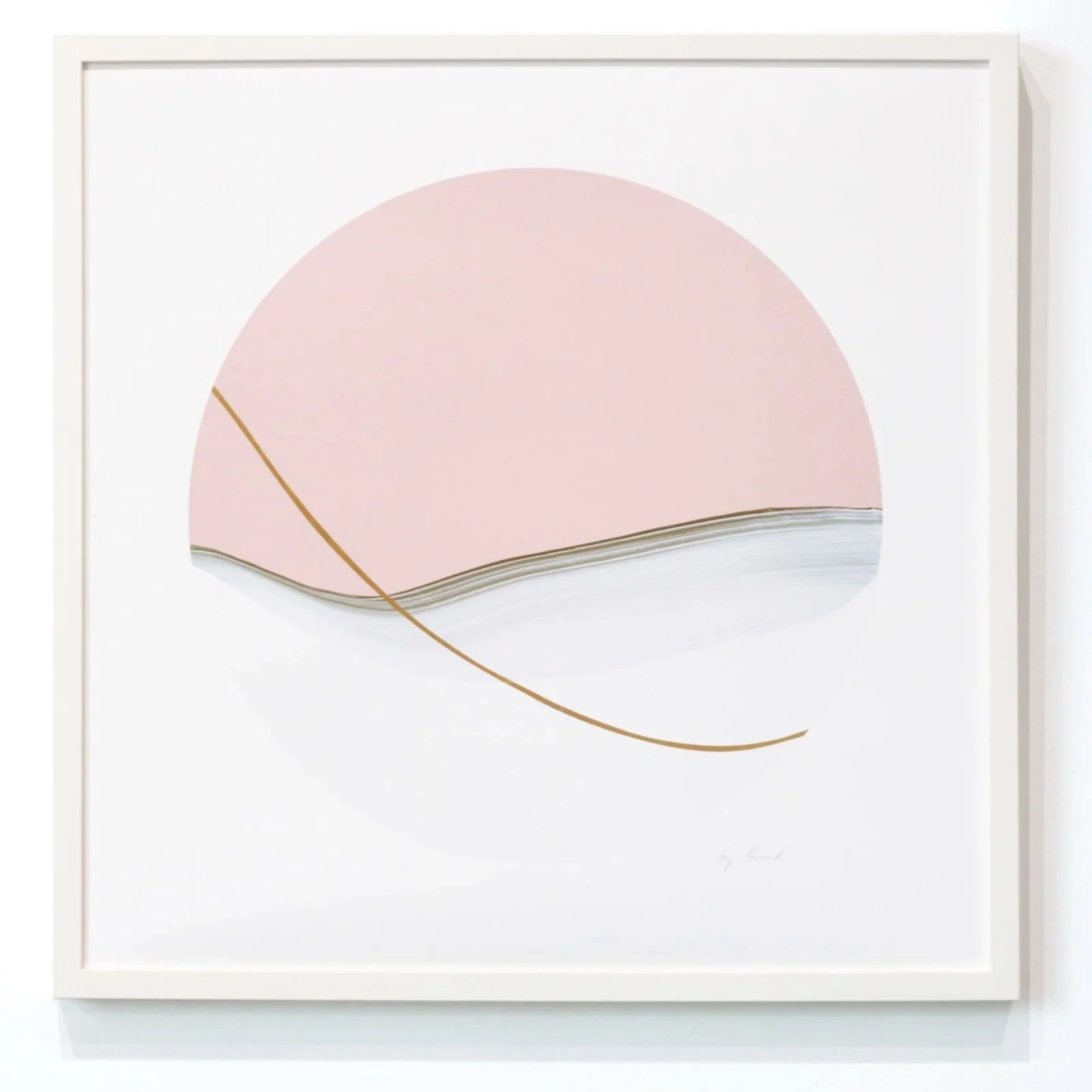 Amy Stewart abstract art print featuring a pale pink semi-circle, layered gray and white horizontal lines, and a curved brown line on a white background.