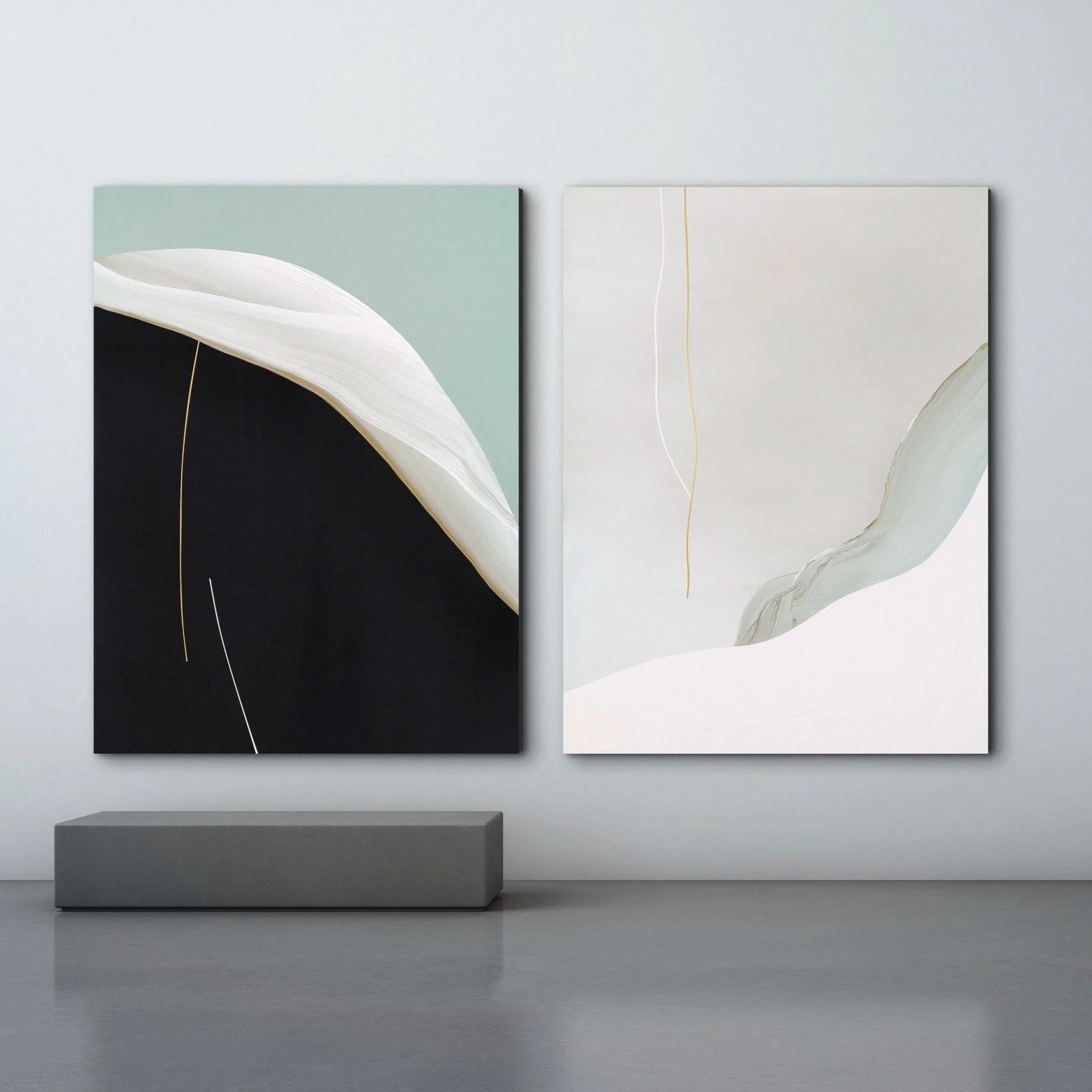 Two abstract art paintings hung on a white gallery wall, with a gray bench beneath them. The left painting features a black and white background with curved shapes, while the right painting has a neutral background with flowing, organic shapes and su