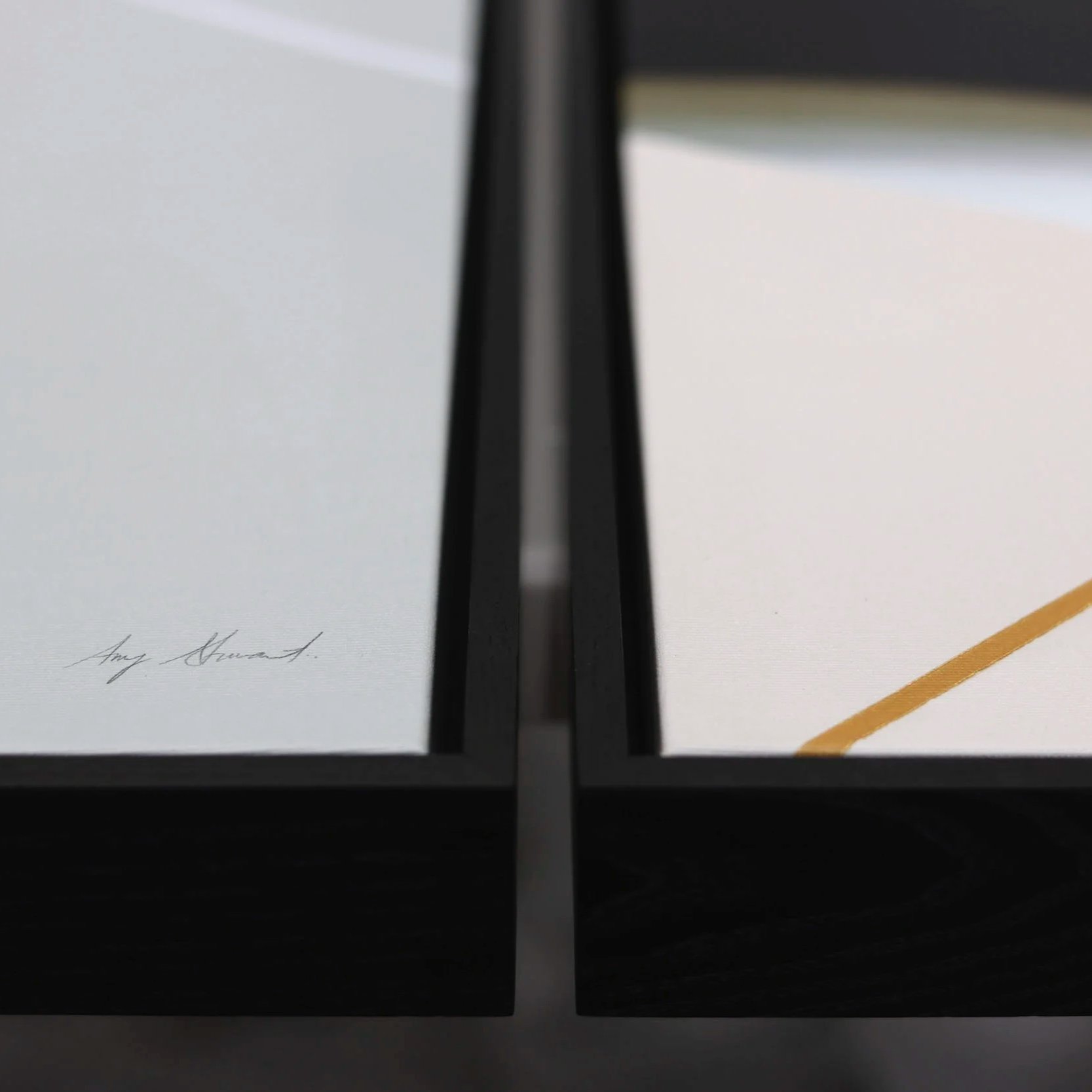 Close-up of two framed Amy Stewart artwork prints, one with a signature that reads 'Amy Stewart.' with a black frame and white background, the other with an abstract gold line on white background, in black frames.