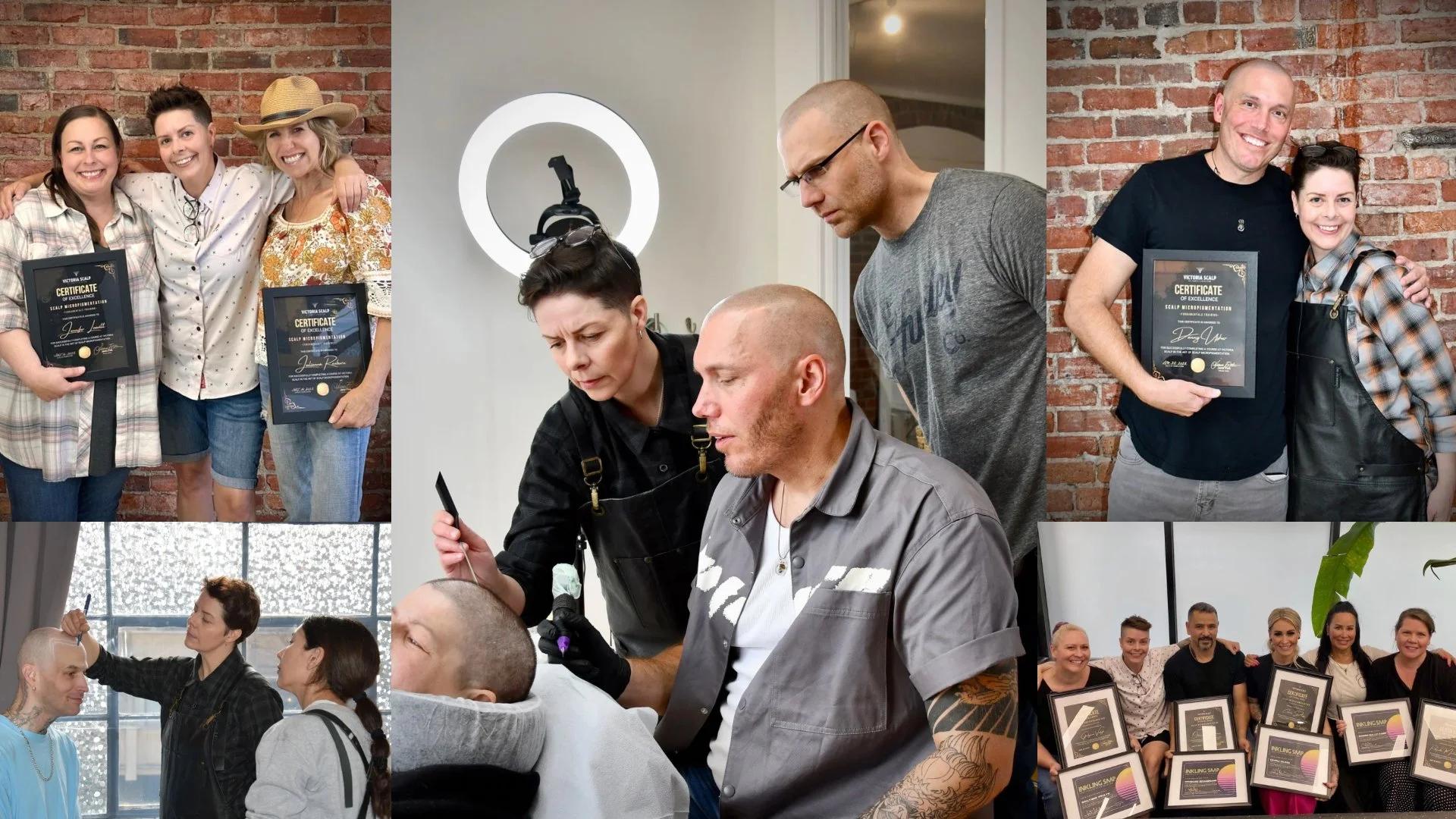 Collage of students taking Scalp Micropigmentation training at Victoria Scalp in Victoria, B.C. Students are intently engaged in instructor Jenn Fisk, learning hands on with live models, and confidently smiling after receiving their certificate.