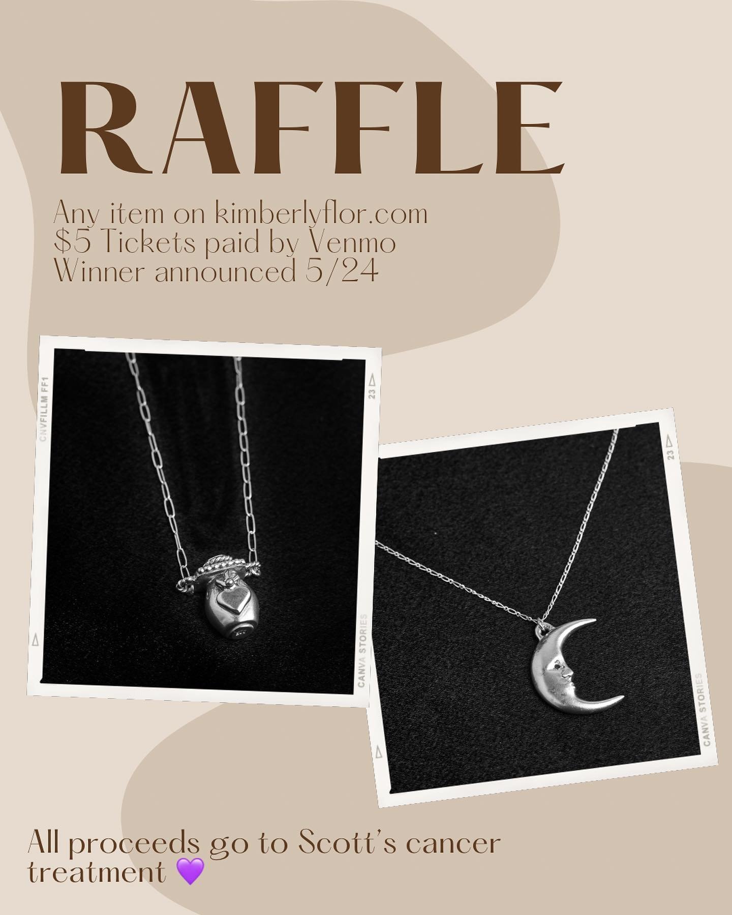 RAFFLE for any item at kimberlyflor.com, winner&rsquo;s choice ❤️ 100% of the funds received go towards helping my sweet friend battle cancer. $5-$10 sliding scale raffle tickets paid to the Venmo on the second slide with the subject &ldquo;RAFFLE&rd