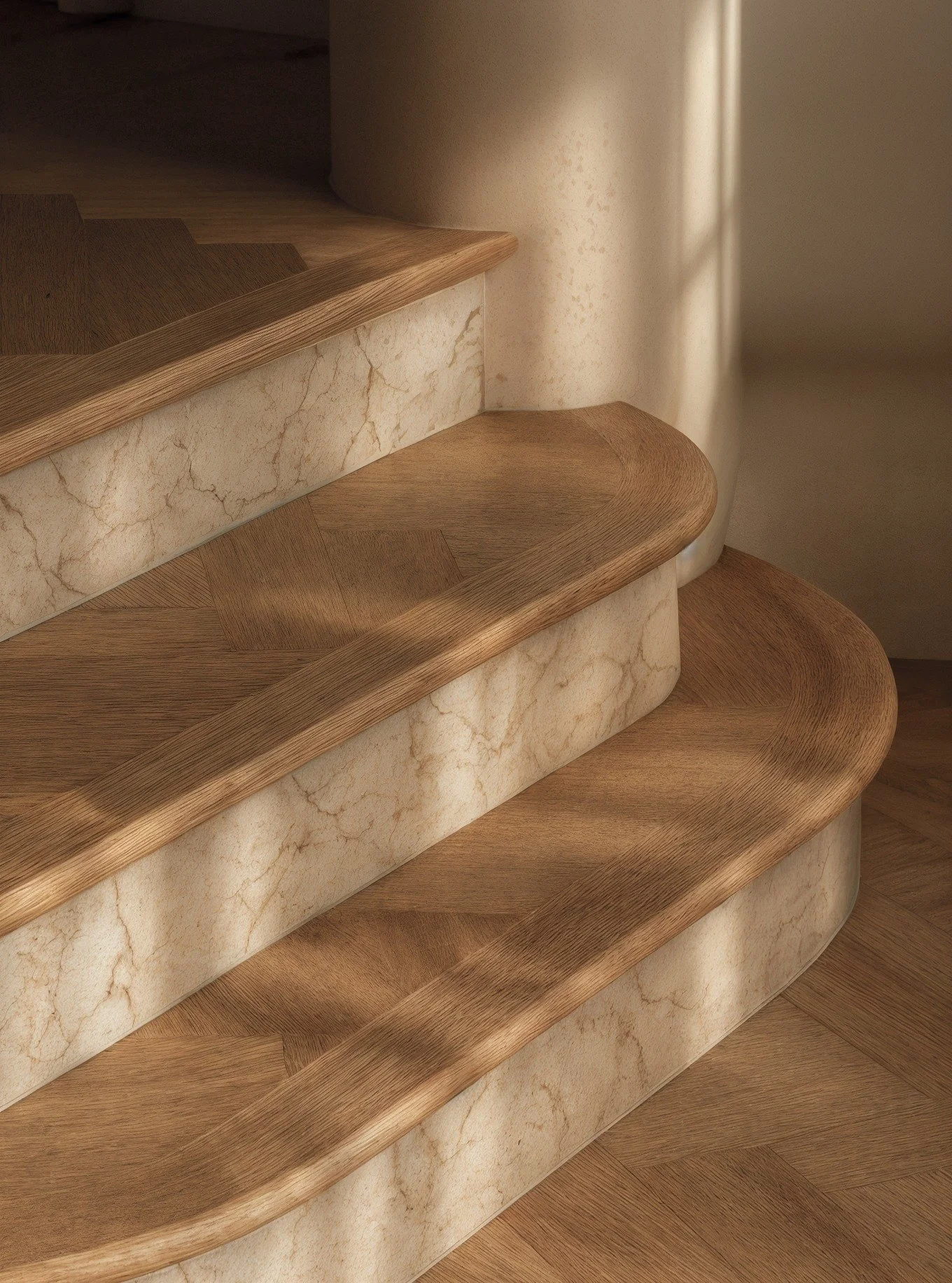 This week&rsquo;s design session was all about subtle elevation. ✨
For a tricky level change, we introduced soft, dreamy curves in honed Missoni Grey stone, paired with natural oak herringbone parquet floors. The result? A detail that feels coastal a