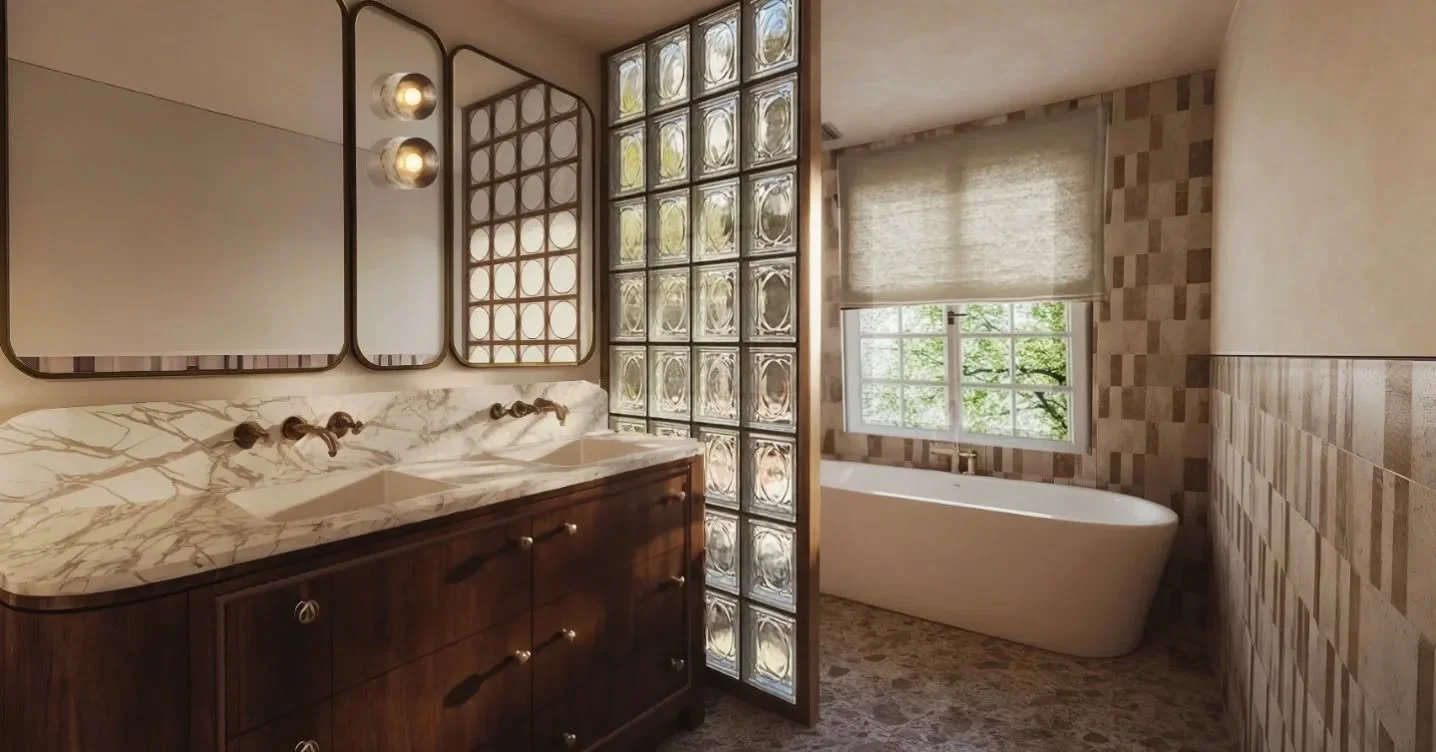 One of the barhroom design options presented last week for&nbsp;Halcyon House&nbsp; | Mid-century detailing reinterpreted through a contemporary lens.

Warm timber joinery, curved profiles, green moss zellige tiles and aged brass accents meeting soft