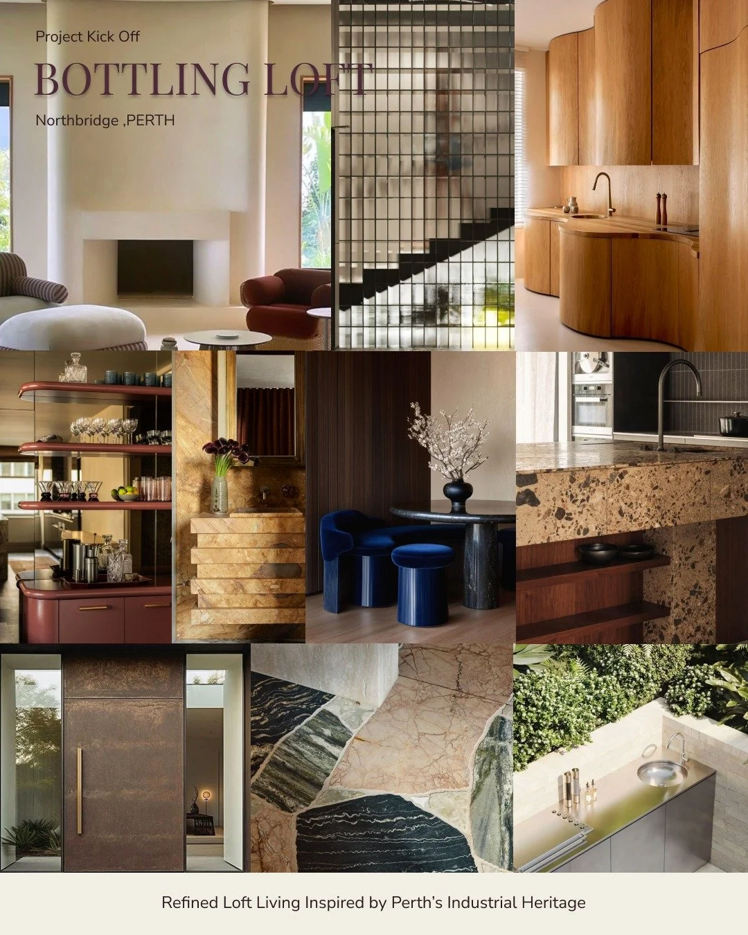 New Project | Bottling Loft, Northbridge,Perth

Very excited to start working on this new loft renovation within a former aerated waters factory in Perth.

A calm architectural backdrop of plaster, stone and warm timber will frame the space, while a 