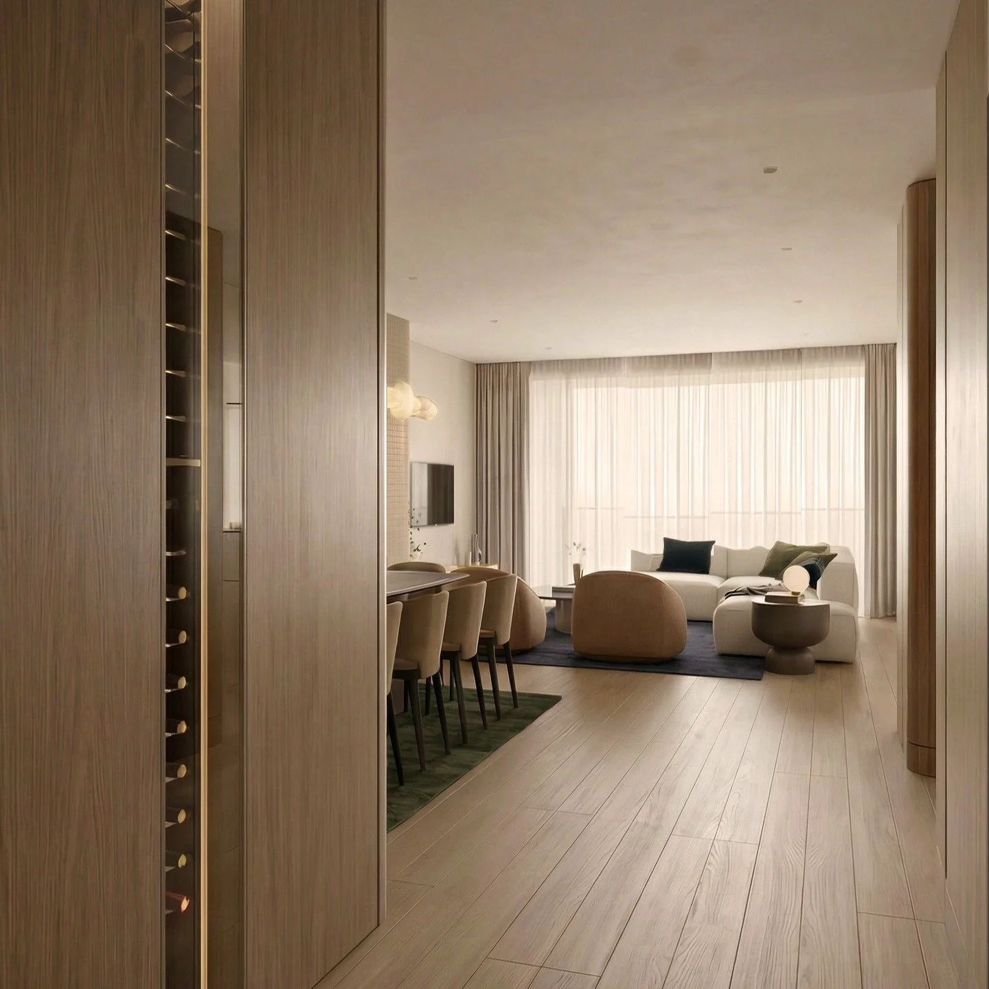 A quiet moment of contrast within Halo House.

At its core, Halo House is a study of light, shaping a serene, contemporary living environment where calmness is layered with moments of intrigue. The dining and wine cellar zone is one of those moments.