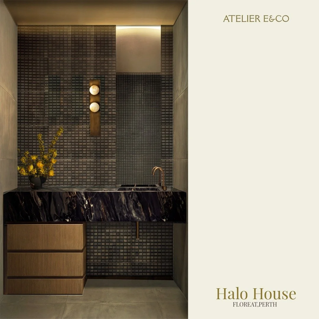 We often find powder rooms are where we can lean into something more dramatic: a moment of contrast within the broader calm of the home.

At Halo House, where timber warmth and soft stone tones set the foundation, greens and blues play a quieter, sup