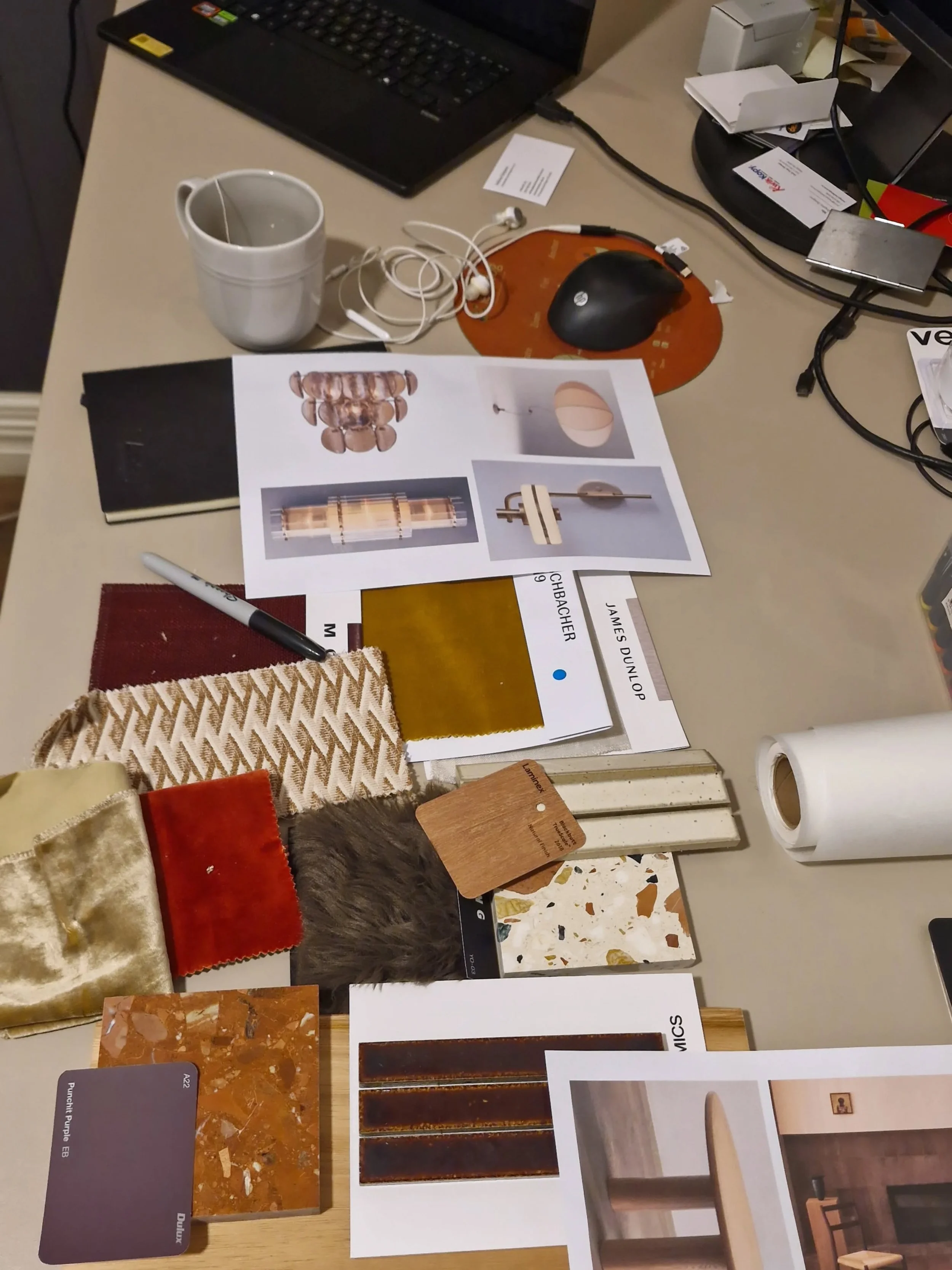 This is the desk right now.

Halcyon House samples scattered everywhere, my kid's colouring holding its own amongst the stone and timber and somewhere in between all of it, the excitement of a project that has completely captured us.

Mid-century war