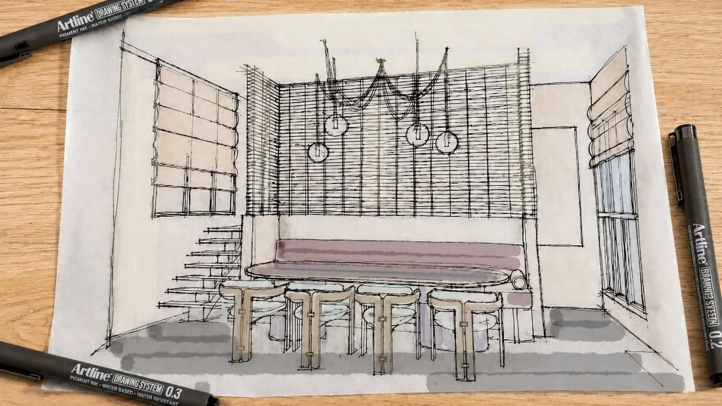 From the first sketch to the final render, every project at Atelier E&amp;Co takes the time it needs.

This is the dining room at Bottling Loft. What started with a vision, as a loose hand drawing on trace paper, testing proportions, furniture arrang