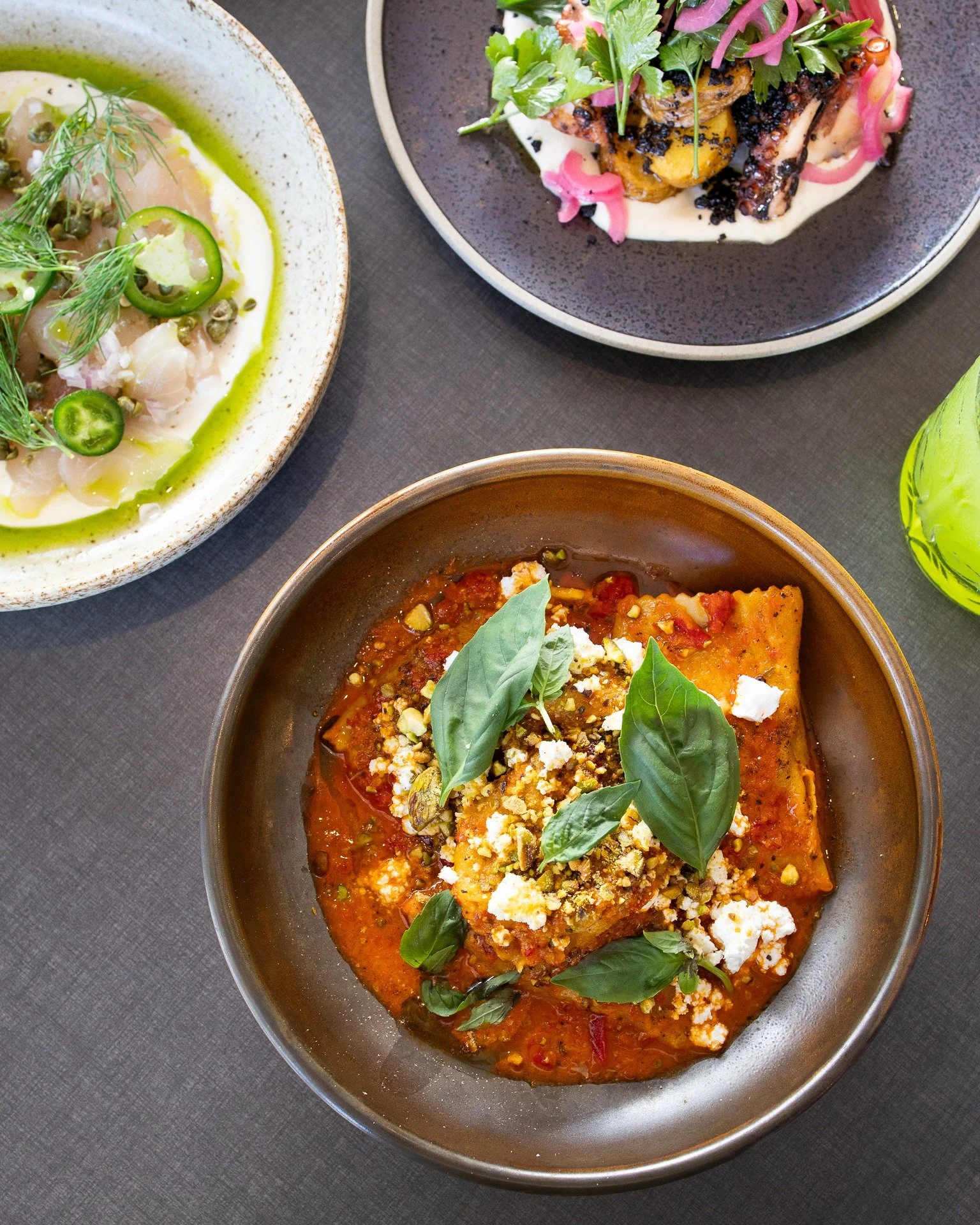 Roasted eggplant agnolotti, gently folded through a silky ajar &mdash; a smoky, slow-roasted eggplant relish with sweet capsicum, garlic and a gentle warmth &mdash;finished with creamy feta, toasted pistachio crunch and fragrant basil.

The perfect s