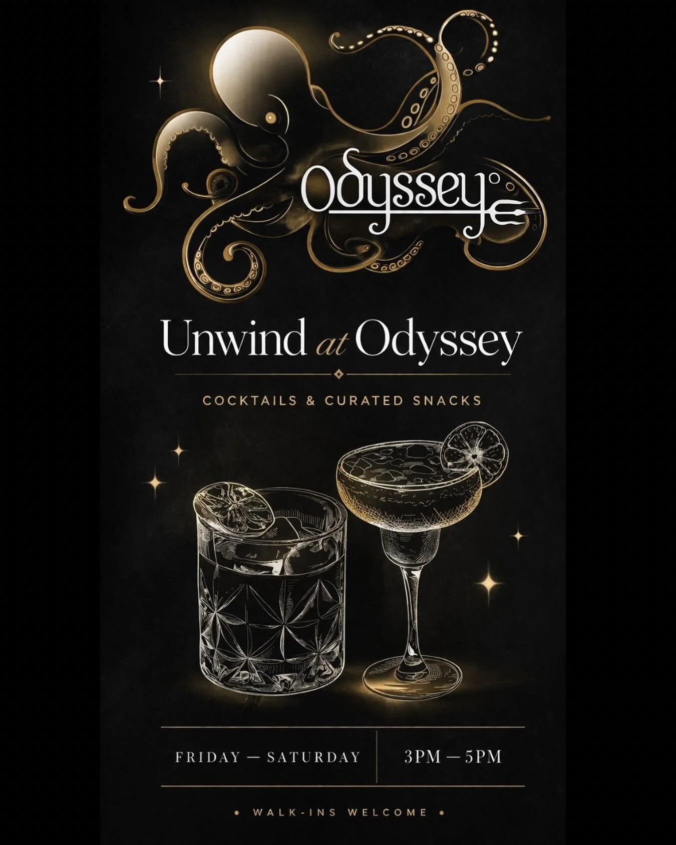 Unwind at Odyssey 🍸

Every Friday &amp; Saturday from 3&ndash;5pm
Enjoy our specially curated snack menu, paired with in-house specials.

Open from 12pm &mdash; settle in have lunch or pop down during our 3-5.
Join us today ✨