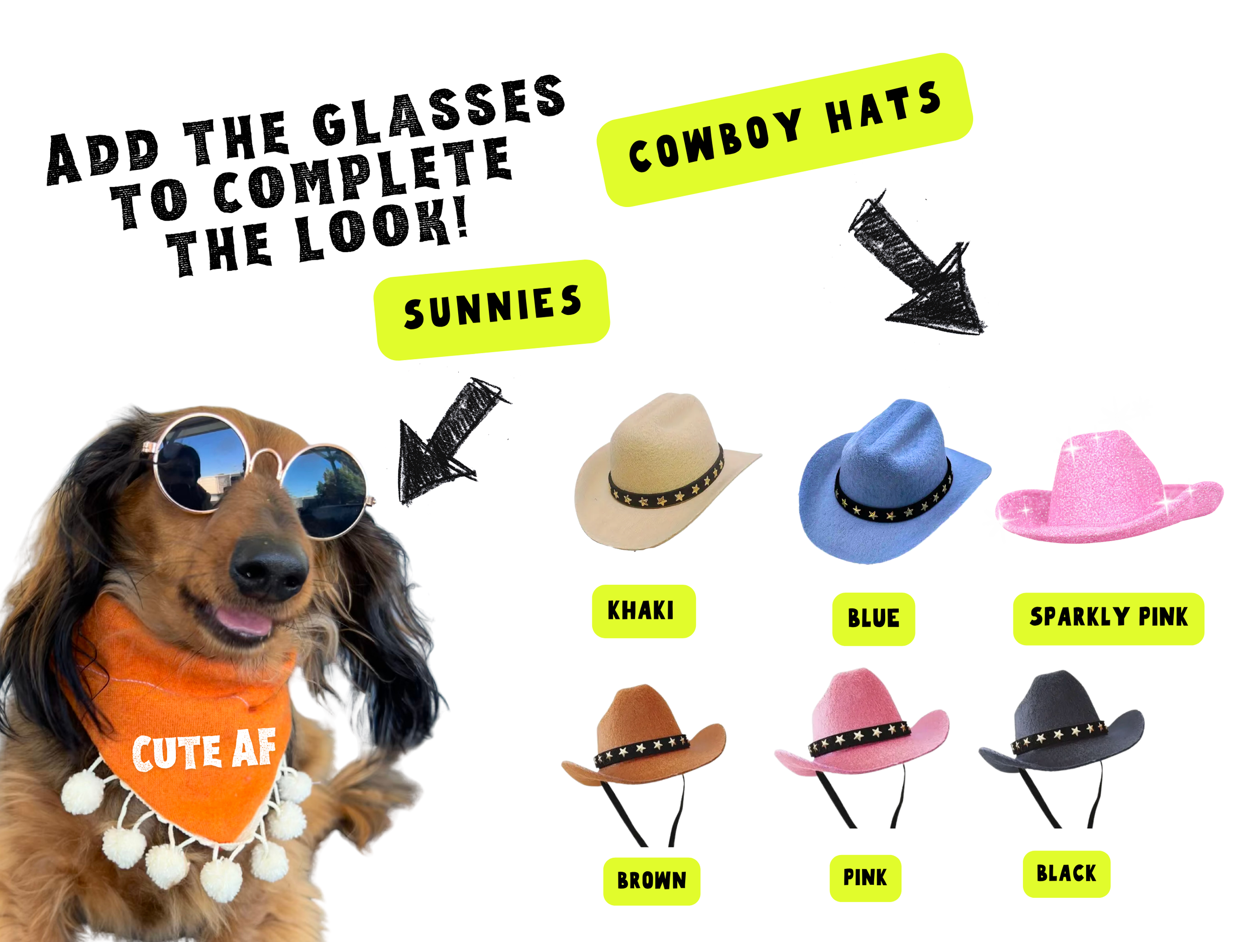Variety of colorful cowboy hats for dogs and cats. Unique gift for pet parents, dog moms and cat dads.