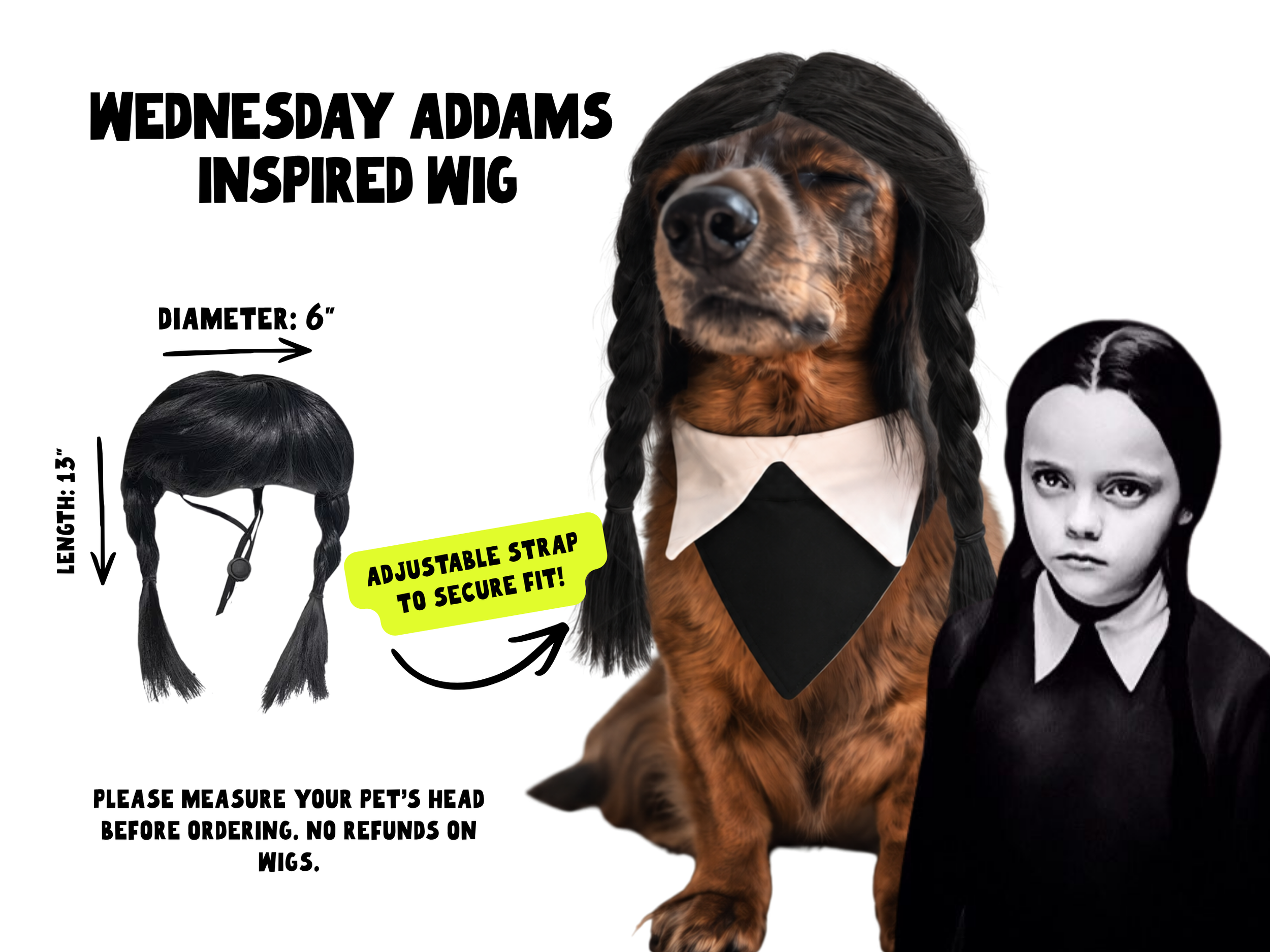 Dog wearing Wednesday Addams inspired with and outfit.
