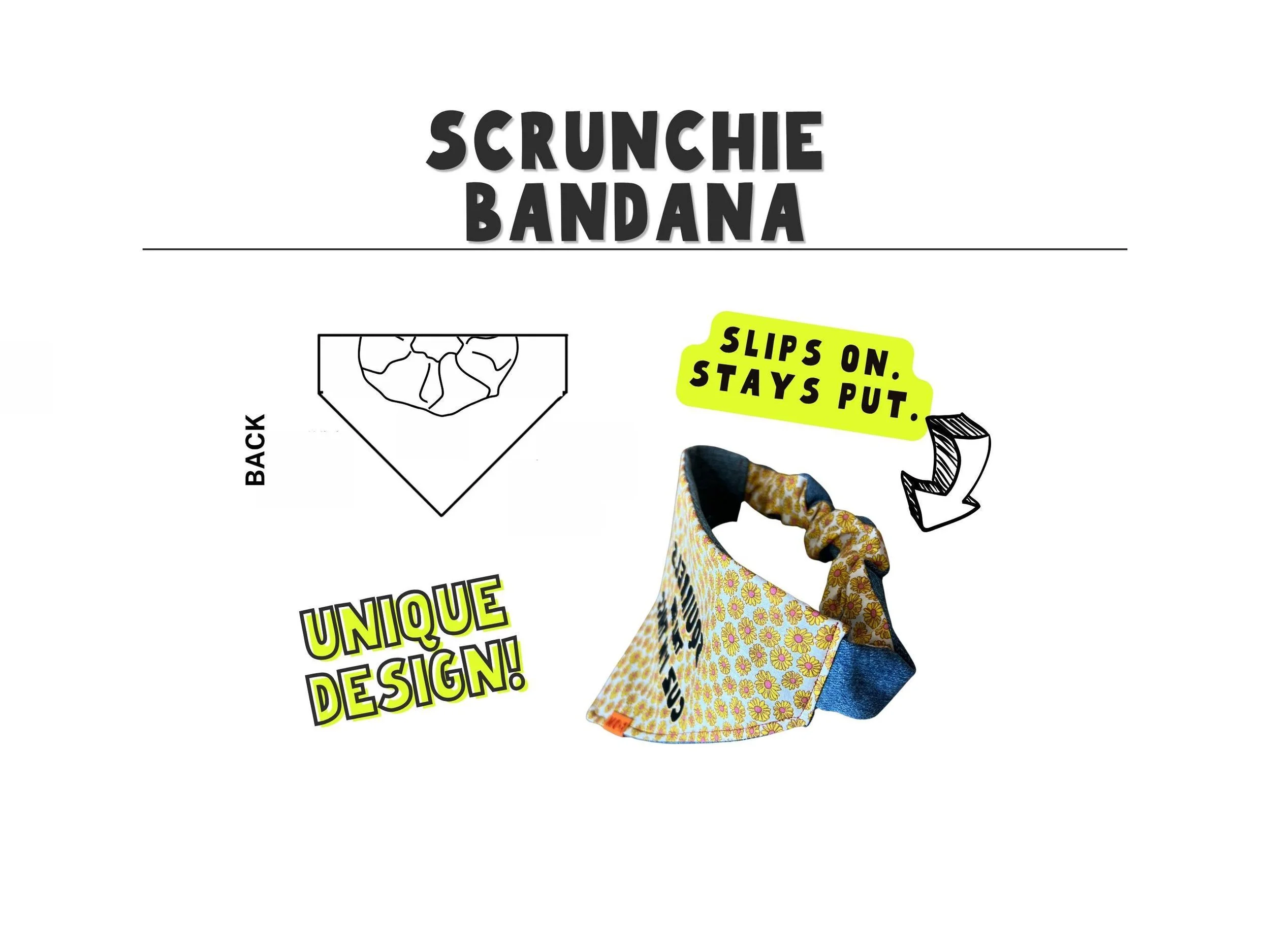 Handmade scrunchie dog bandana showing reversible design and unique slip-on construction, comfortable no-tie pet accessory