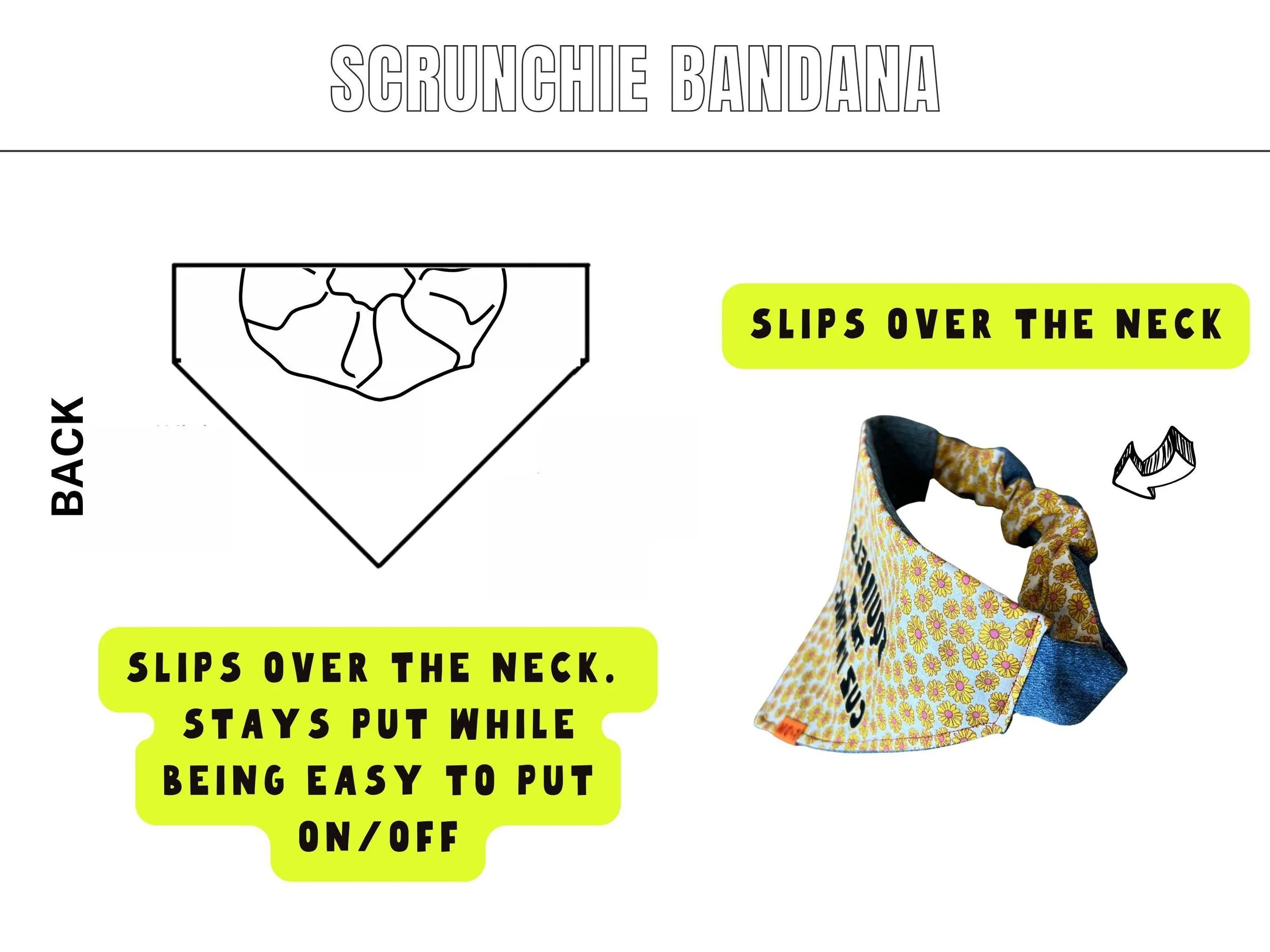 How to wear a reversible Halloween dog bandana, showing the easy over-the-neck scrunchie design that stays in place for dog costumes and spooky season events