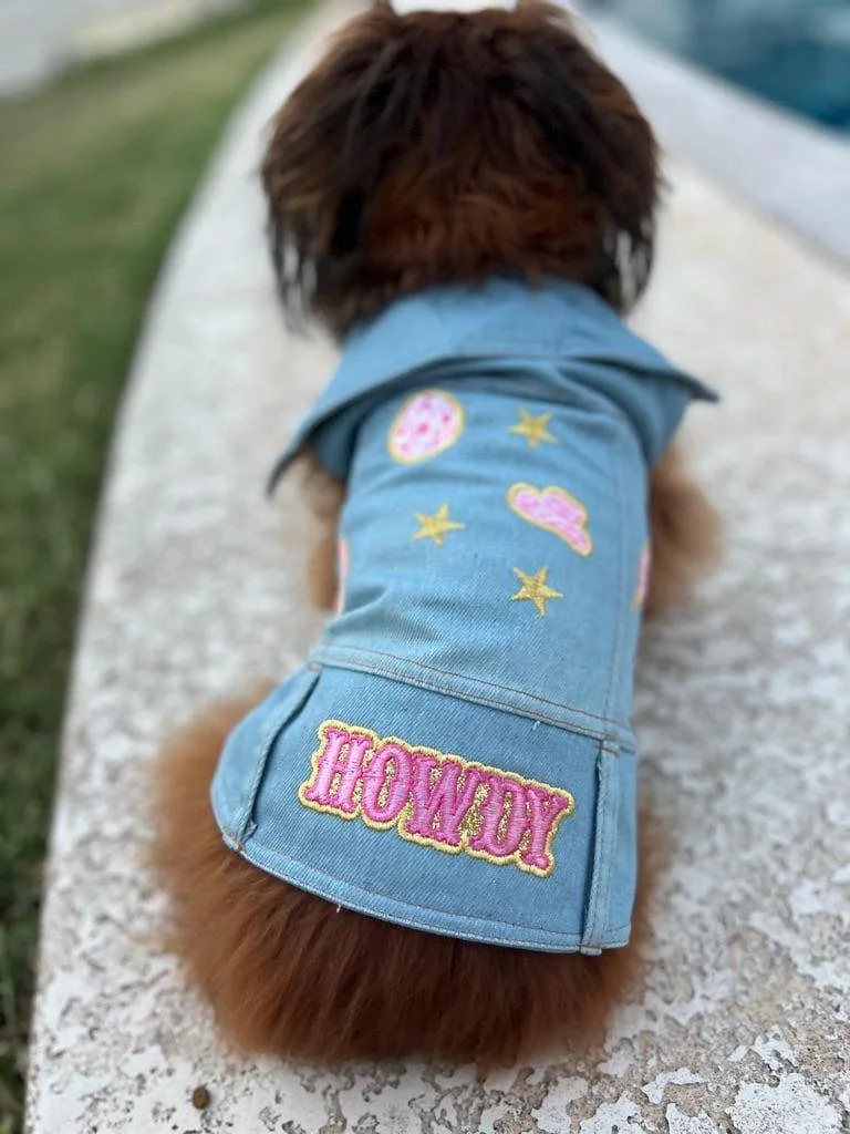 Denim glam cowgirl dog vest with pink embroidered cowboy hats, stars and disco balls.