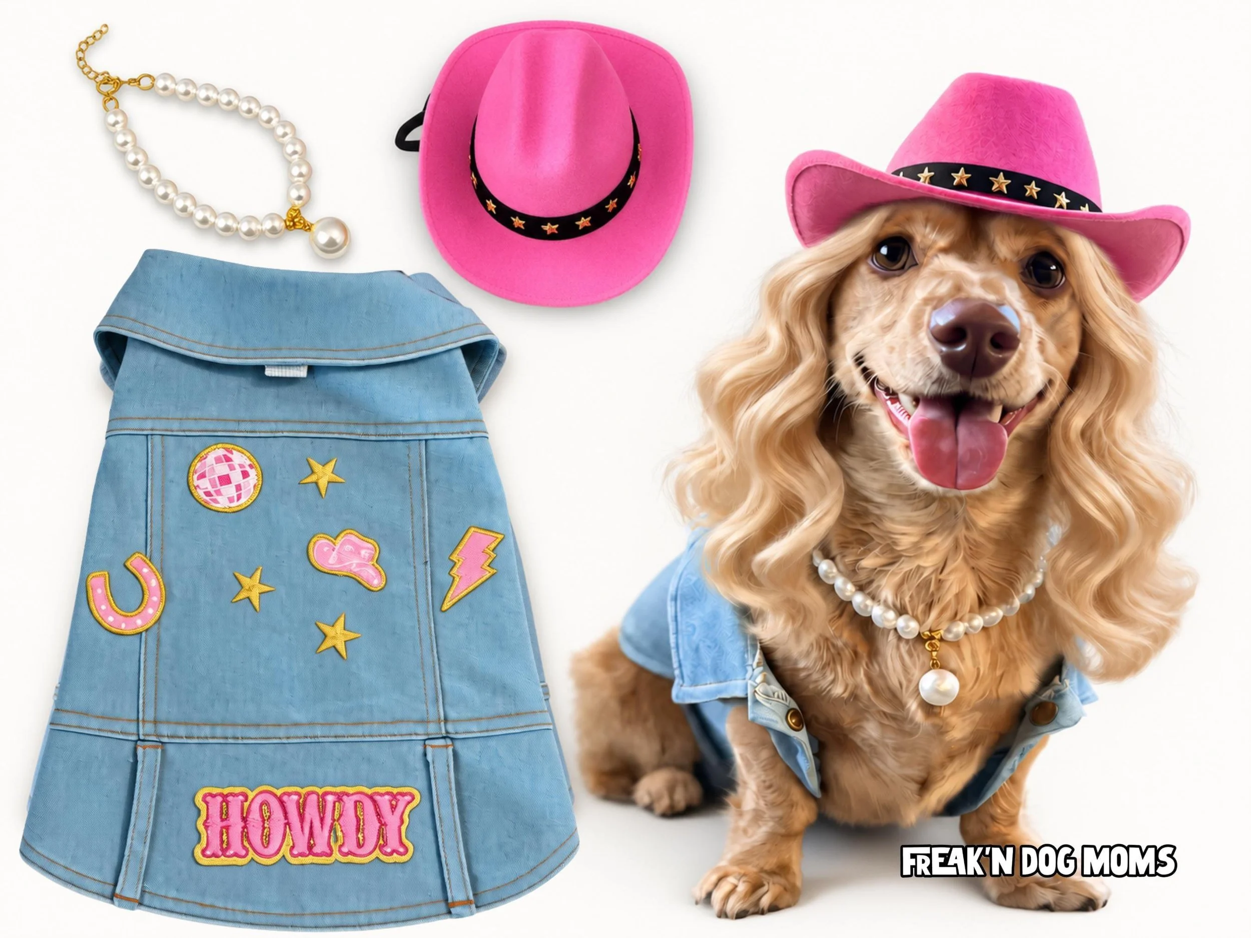 Dolly Parton inspired dog halloween costume with denim vest, pink cowboy hat, and pearl necklace.