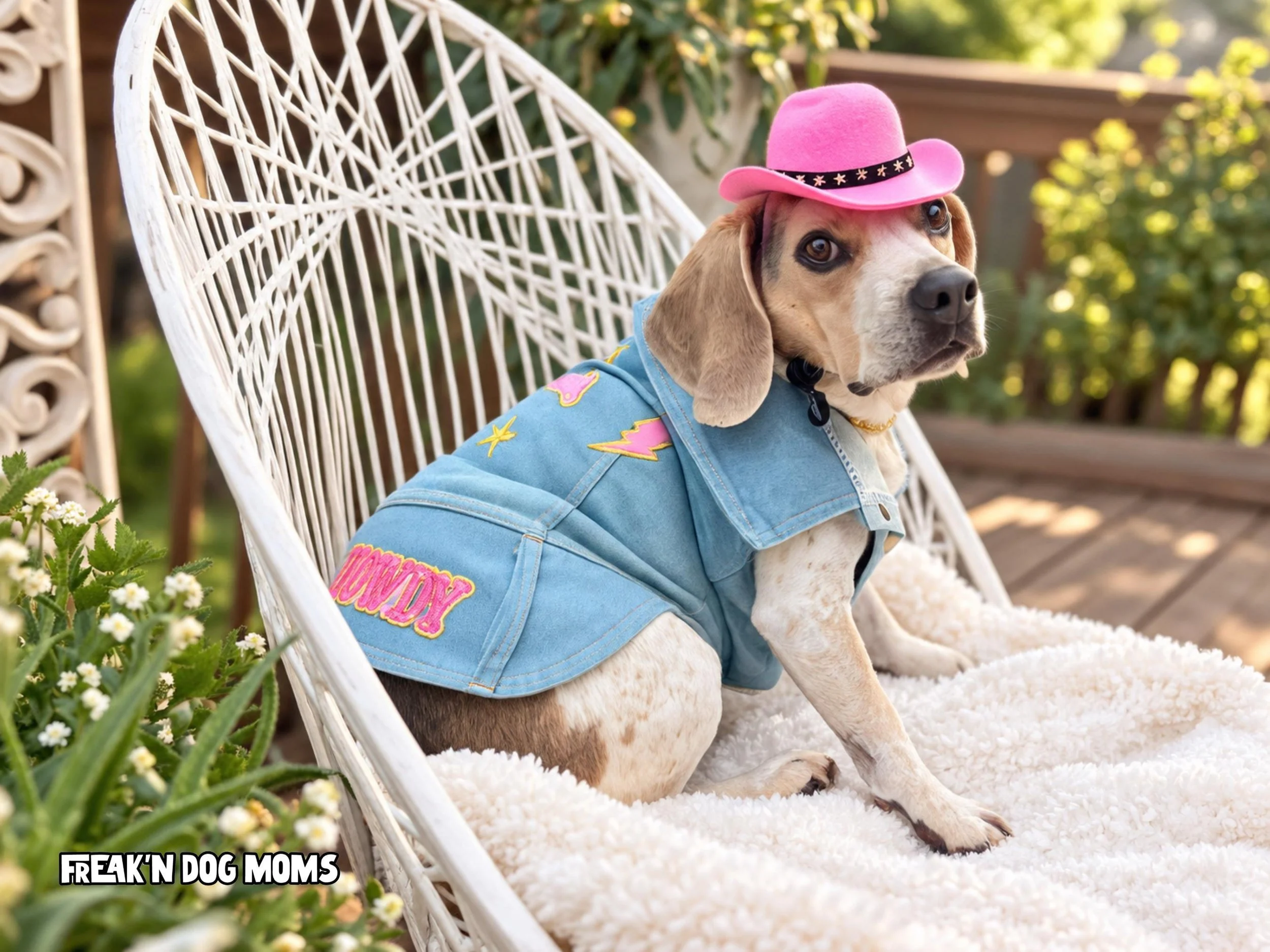 Beagle wearing denim vest and pink cowboy hat, fun Western cowgirl dog outfit for Halloween