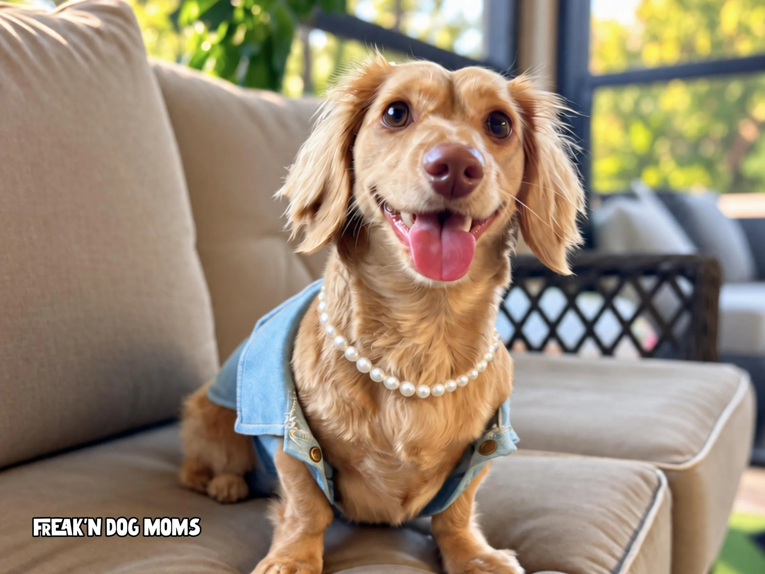 Small dachshund wearing denim dog vest and pearls, cute Western Halloween costume for dogs