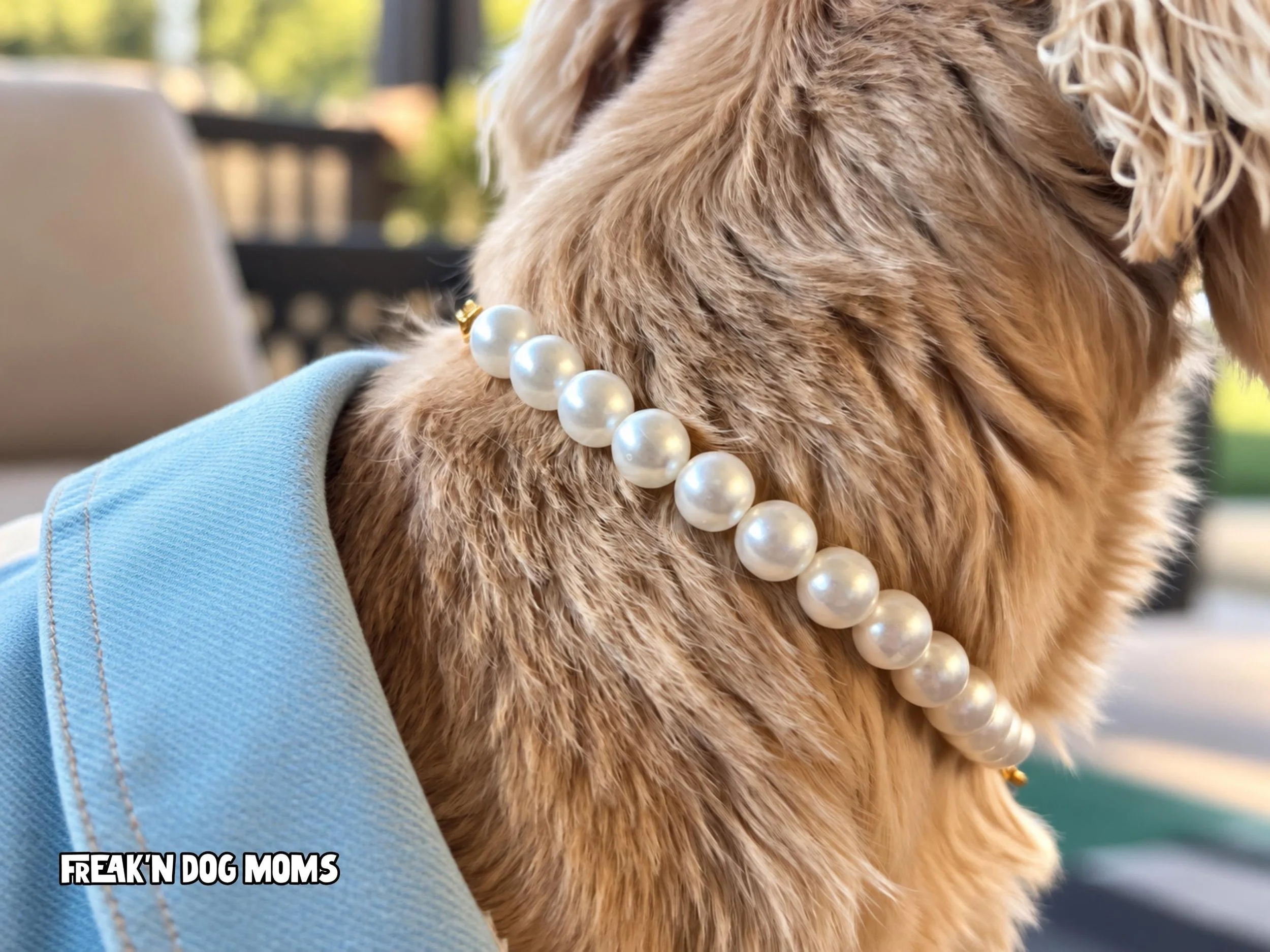Close up of dog wearing pearl necklace; cute dog accessories.