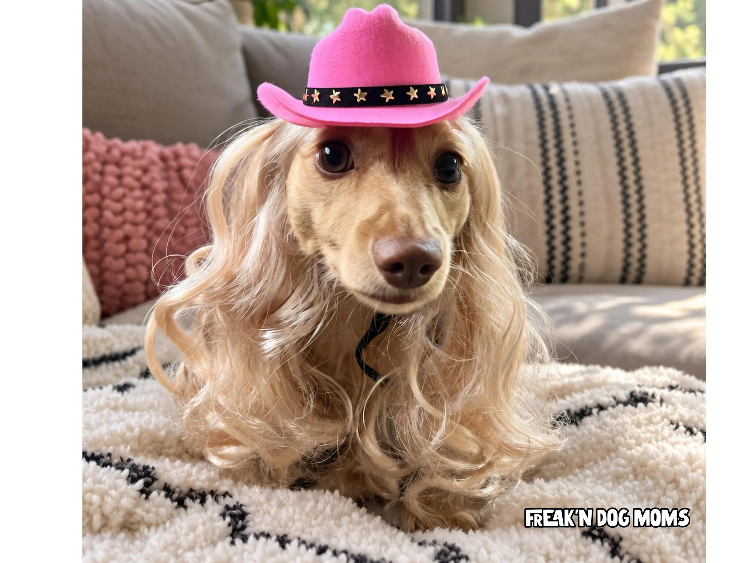 Small dog wearing pink cowboy hat and blonde wig inspired by Dolly Parton outfit for dogs.