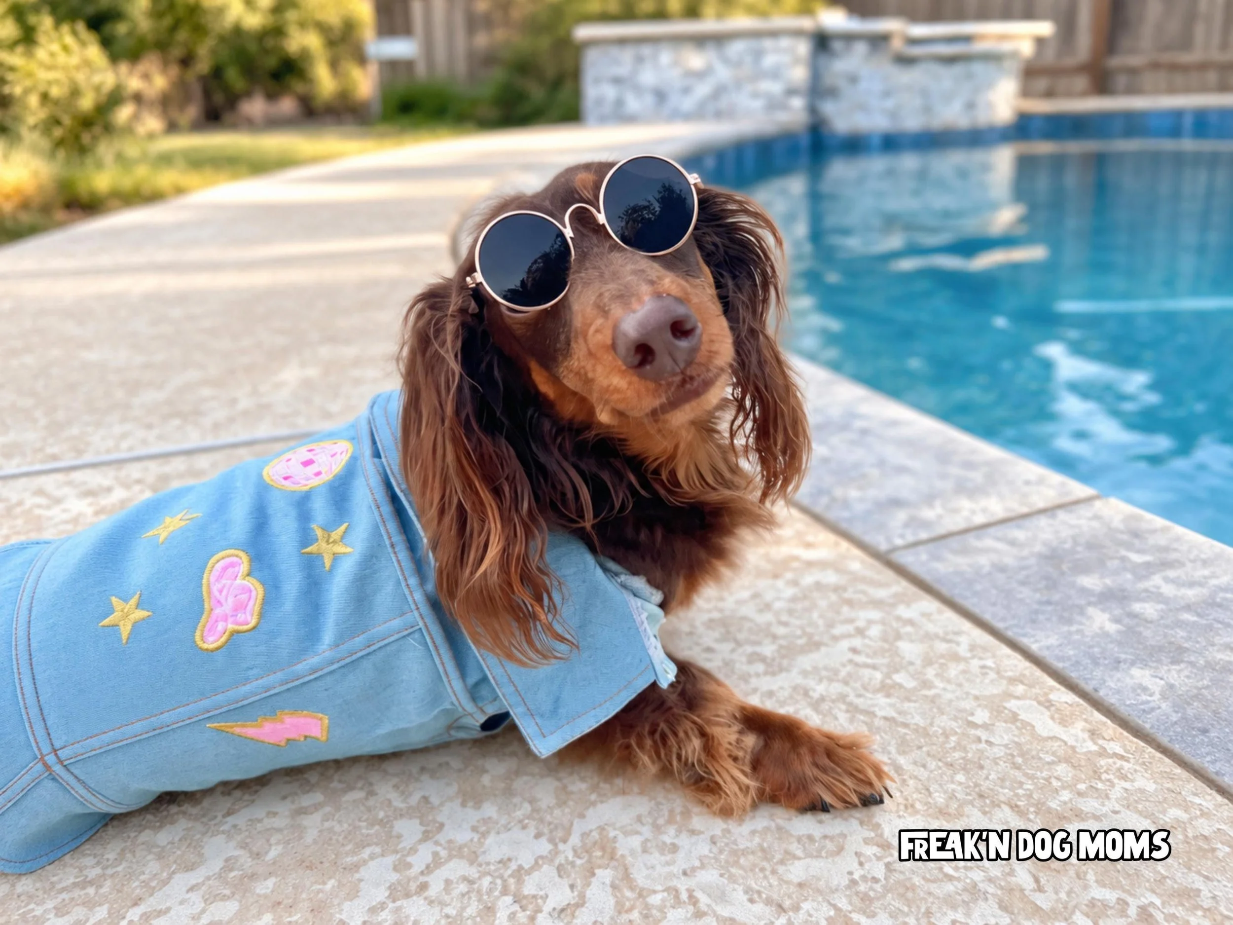 Dachshund wearing denim vest and sunglasses, fun Western cowgirl dog outfit for Halloween