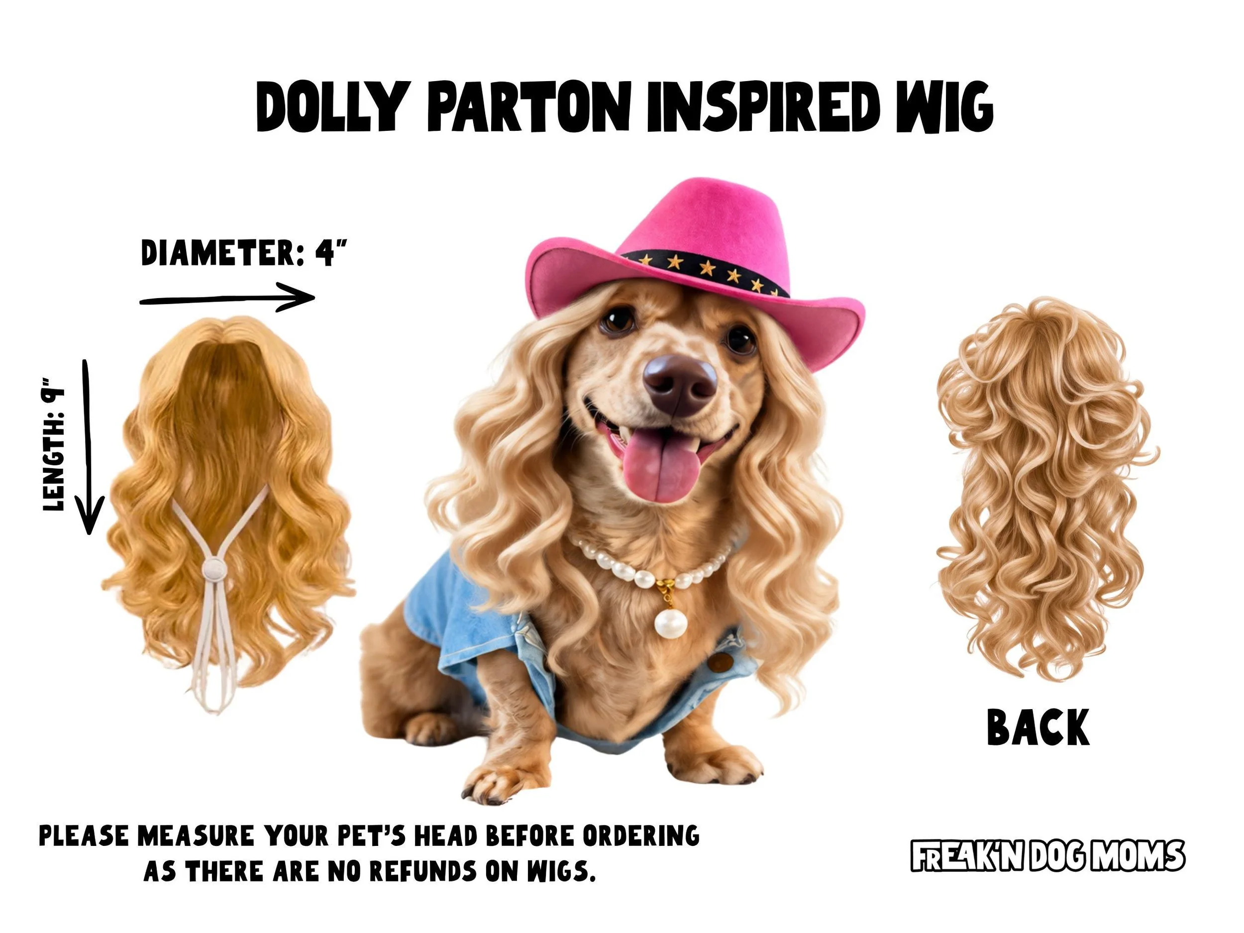 Weiner dog wearing Dolly Parton inspired blonde wig for dogs