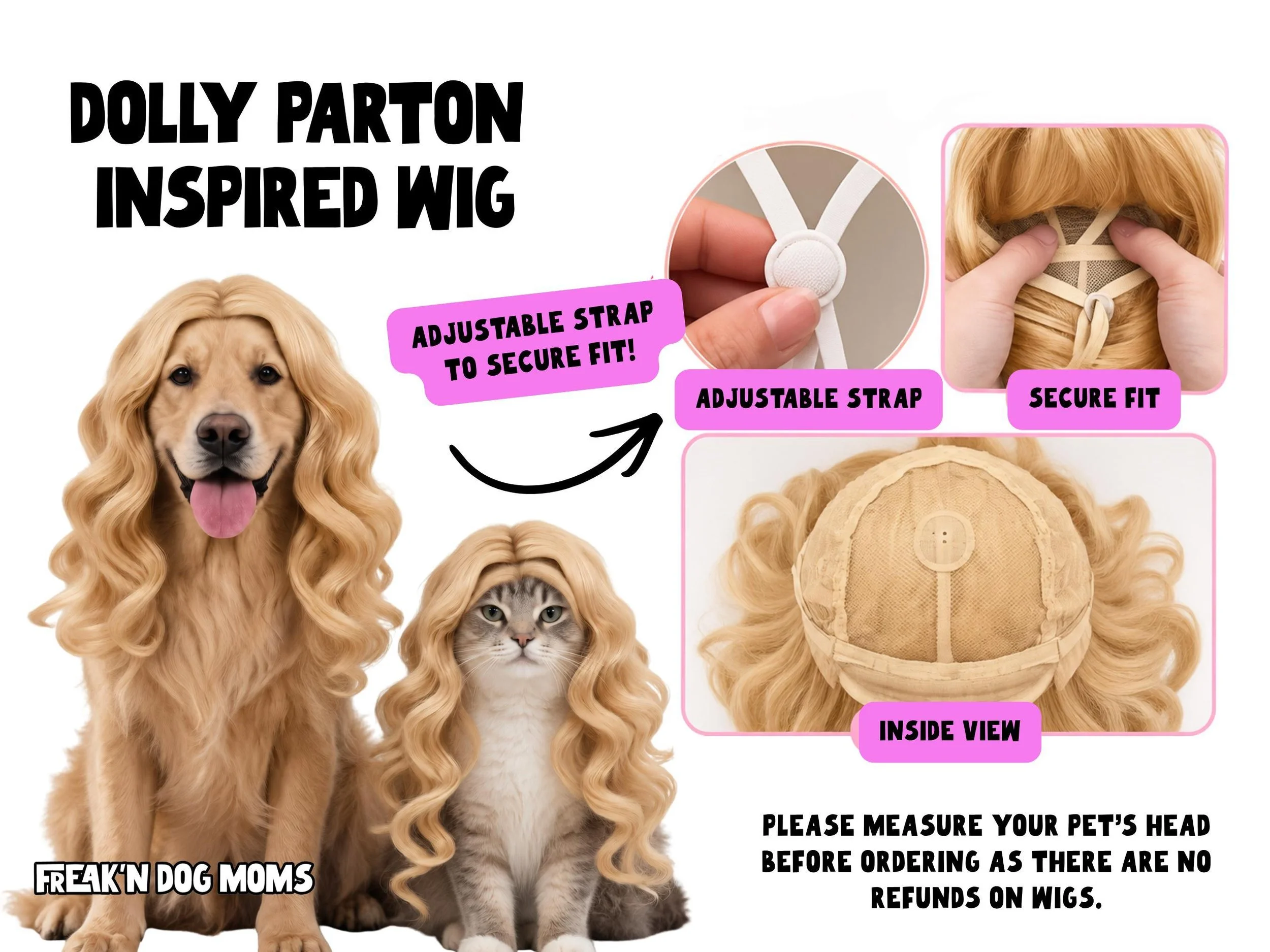 Dolly Parton inspired blonde wig for dogs and cats. Funny dog outfits.