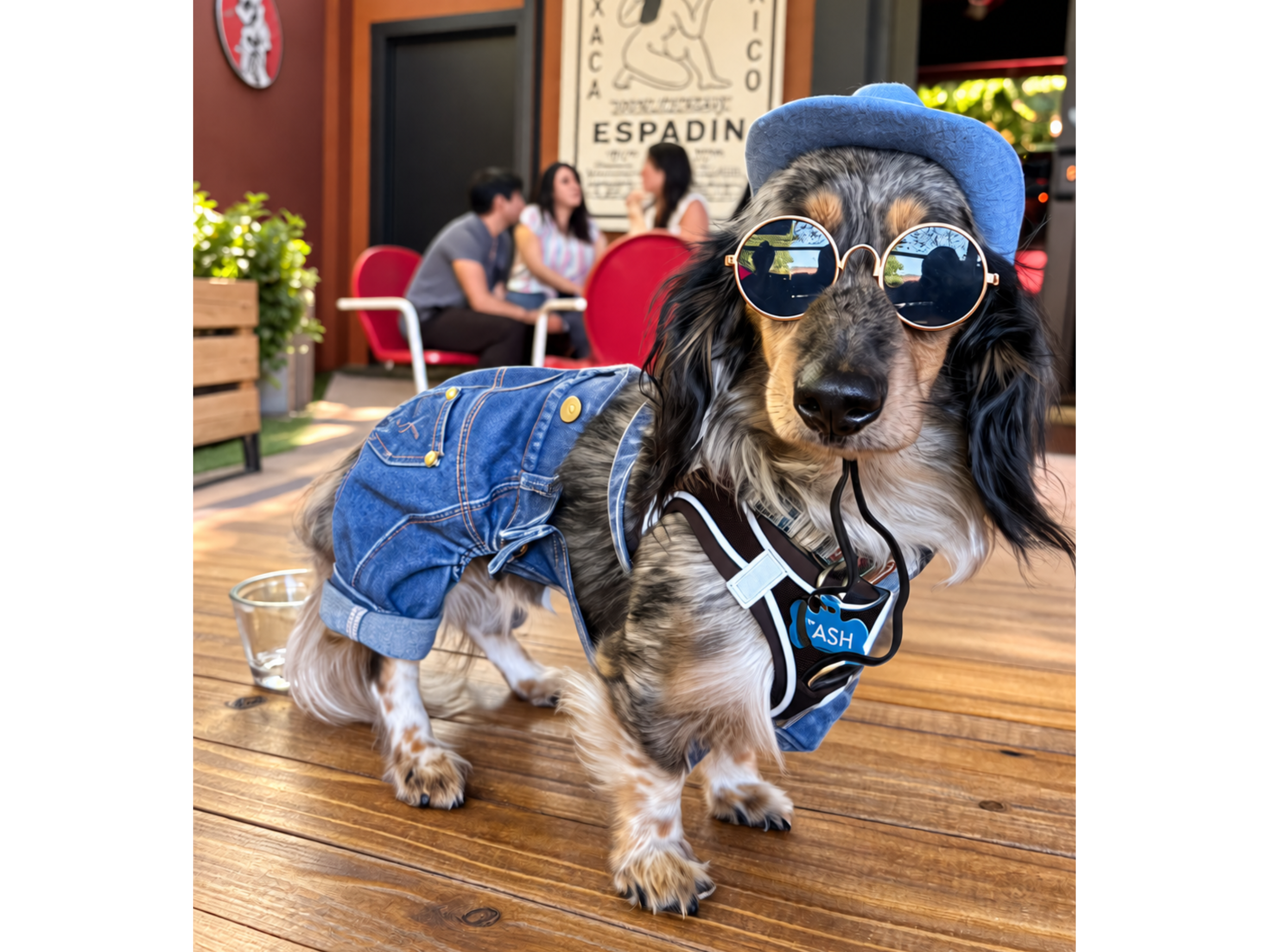 Long-haired dachshund wearing Willie Nelson inspired dog outfit with overalls, sunglasses and a blue cowboy hat.