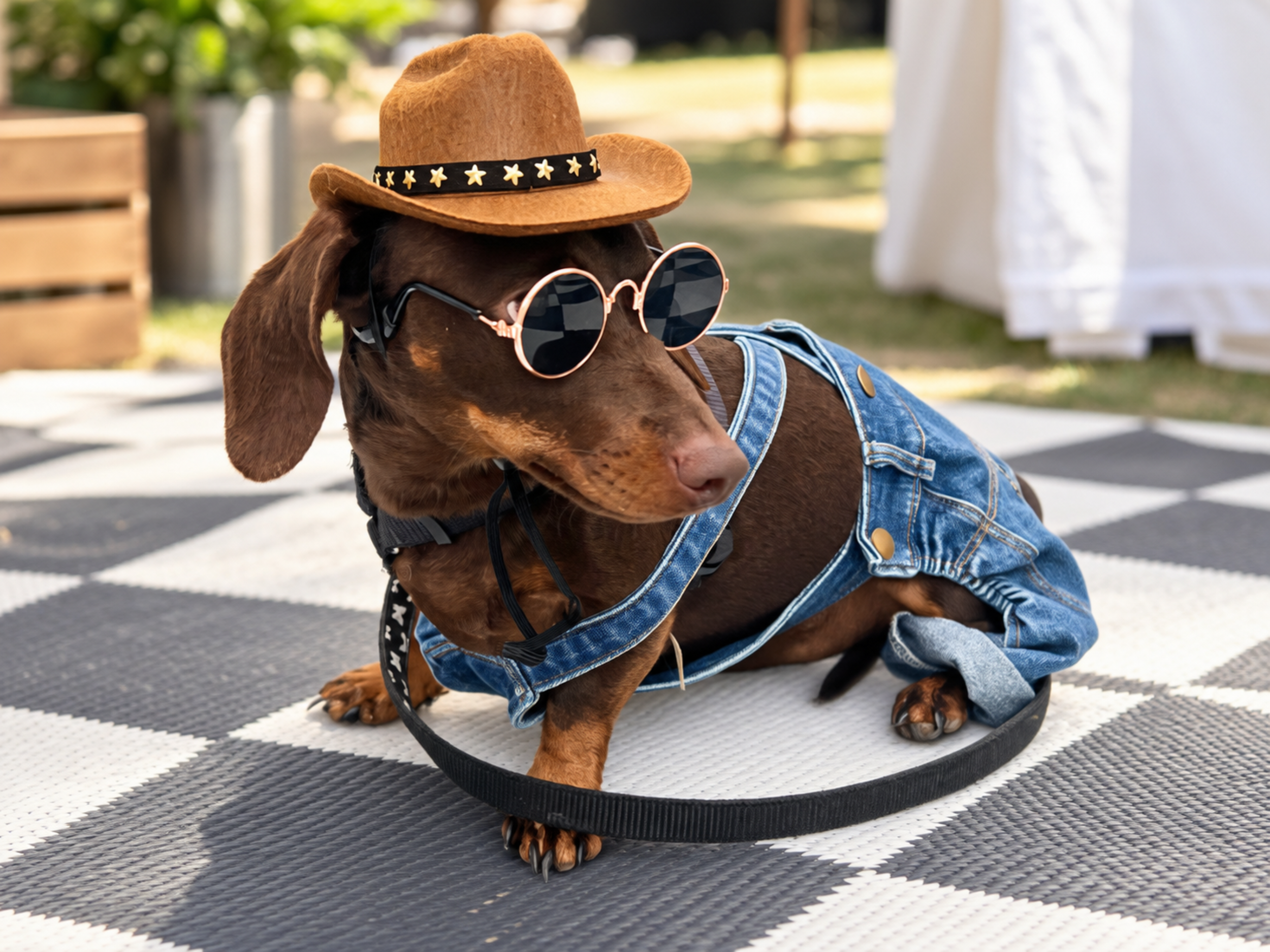 Western pet outfit bundle featuring blue denim dog overalls with gold snaps, a miniature cowboy hat, and pet sunglasses.