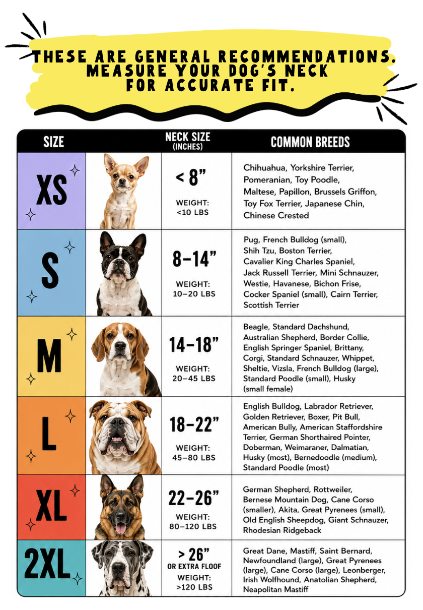 Size chart for funny, handmade dog and cat bandana – available in XS to 2XL for small and large pets.